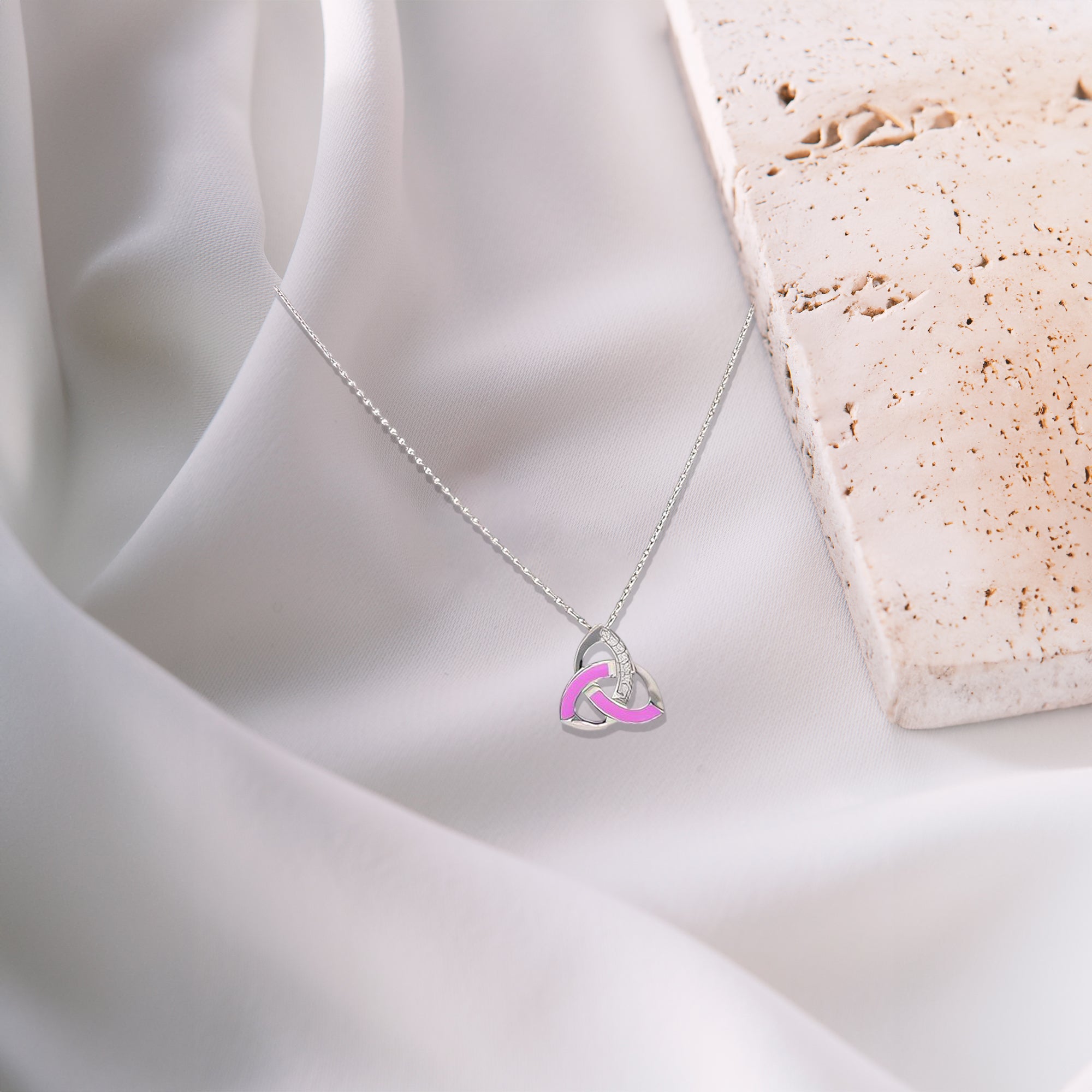 Silver Trinity Knot Necklace with Pink Enamel