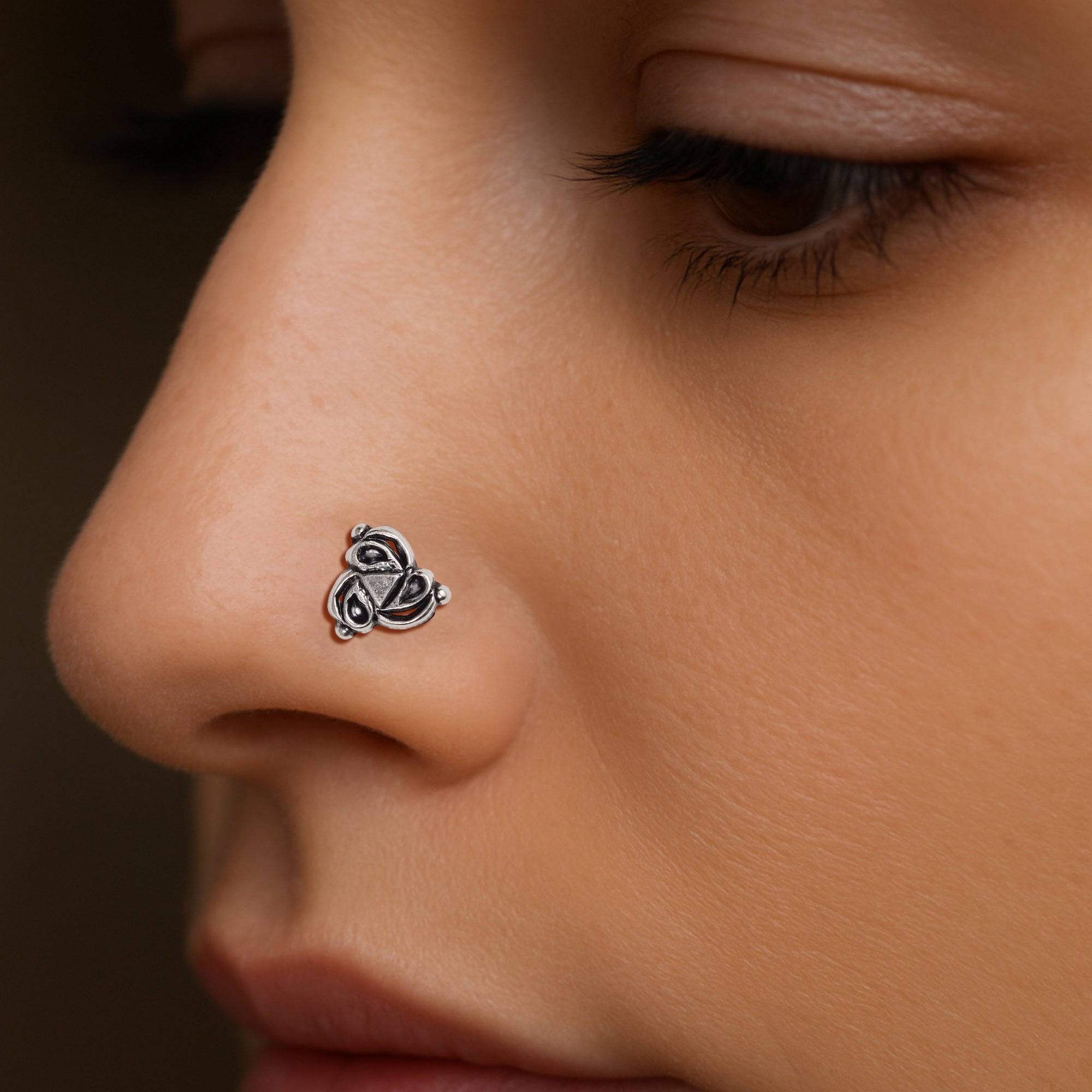 Oxidised Silver Nosepin with Tribal Teardrop Motif