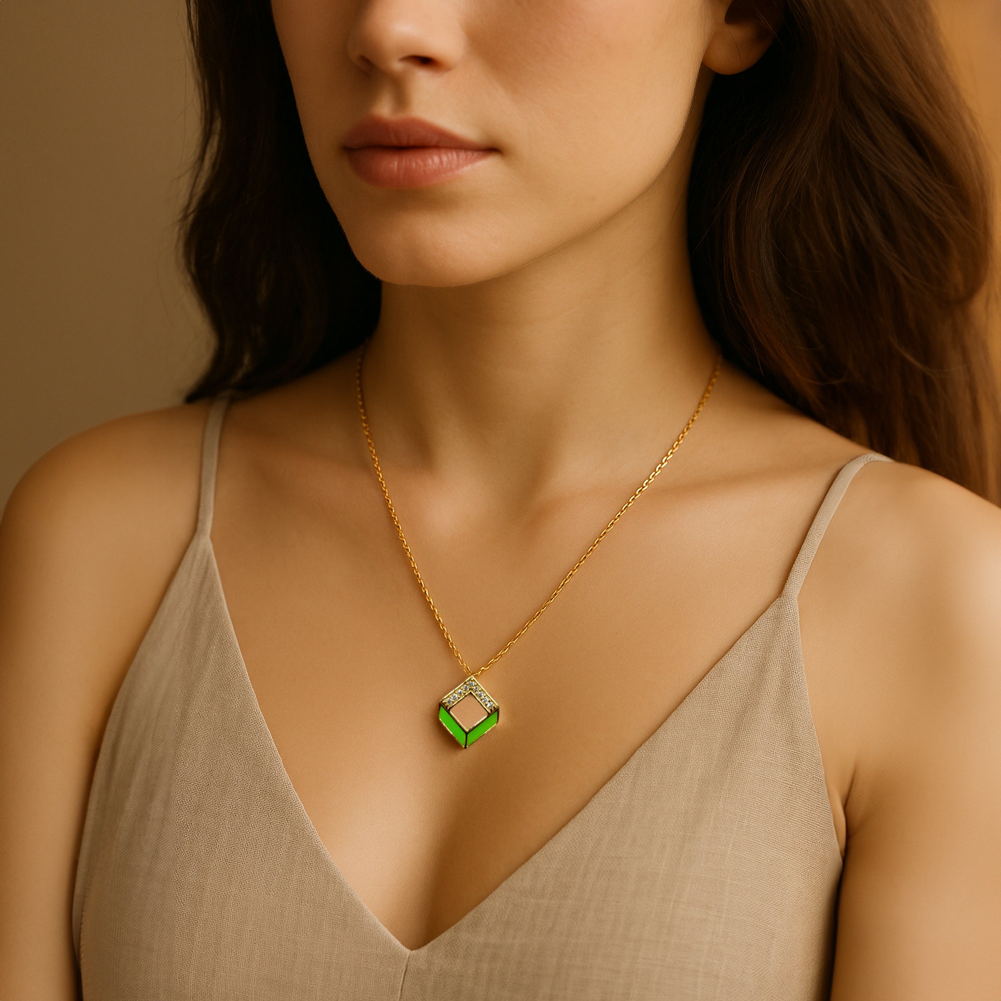 Gold-Plated Silver Necklace with Green Enamel Geometric Pendant