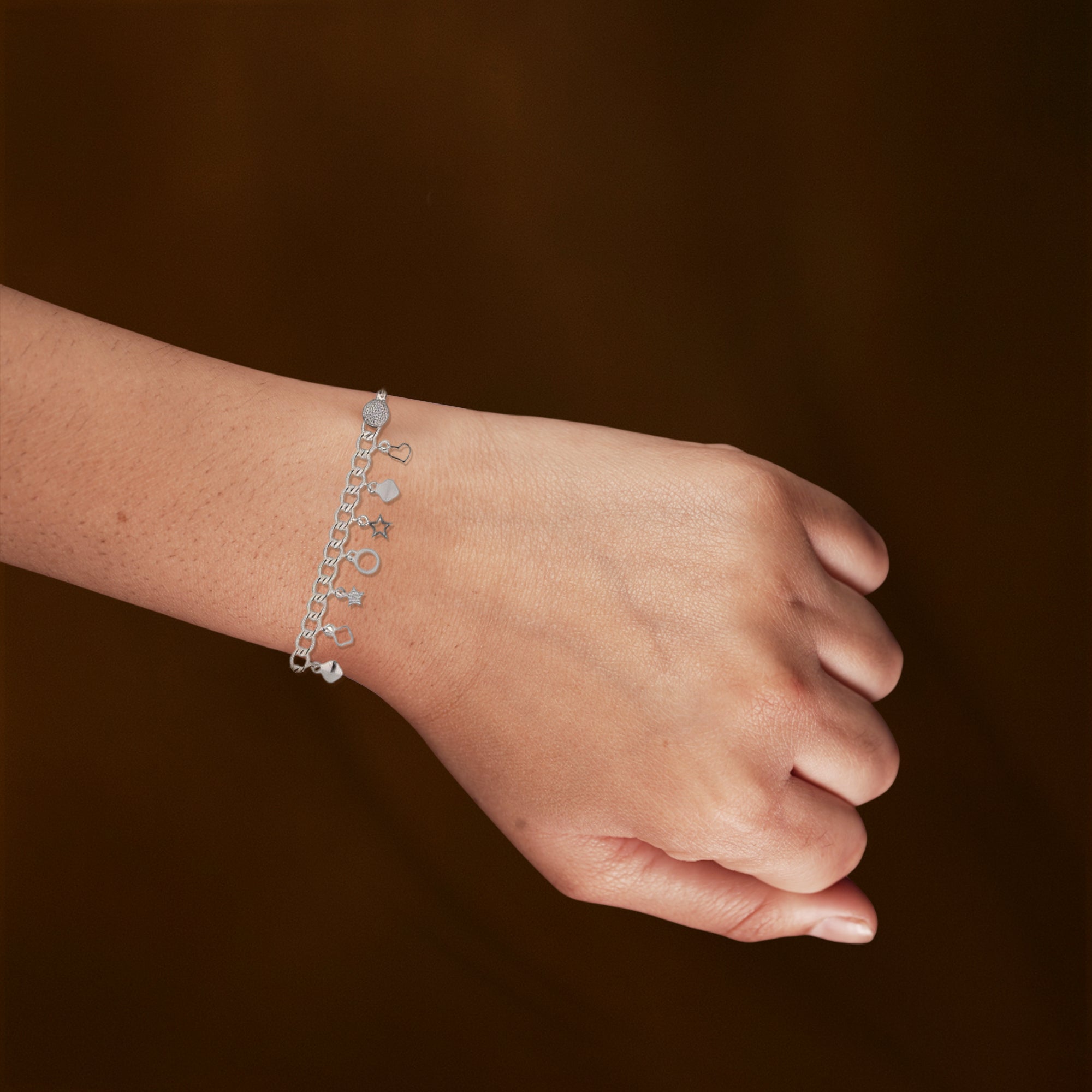 Silver Charm Bracelet – Multi-Charm Dangle Chain with Heart & Star Pendants