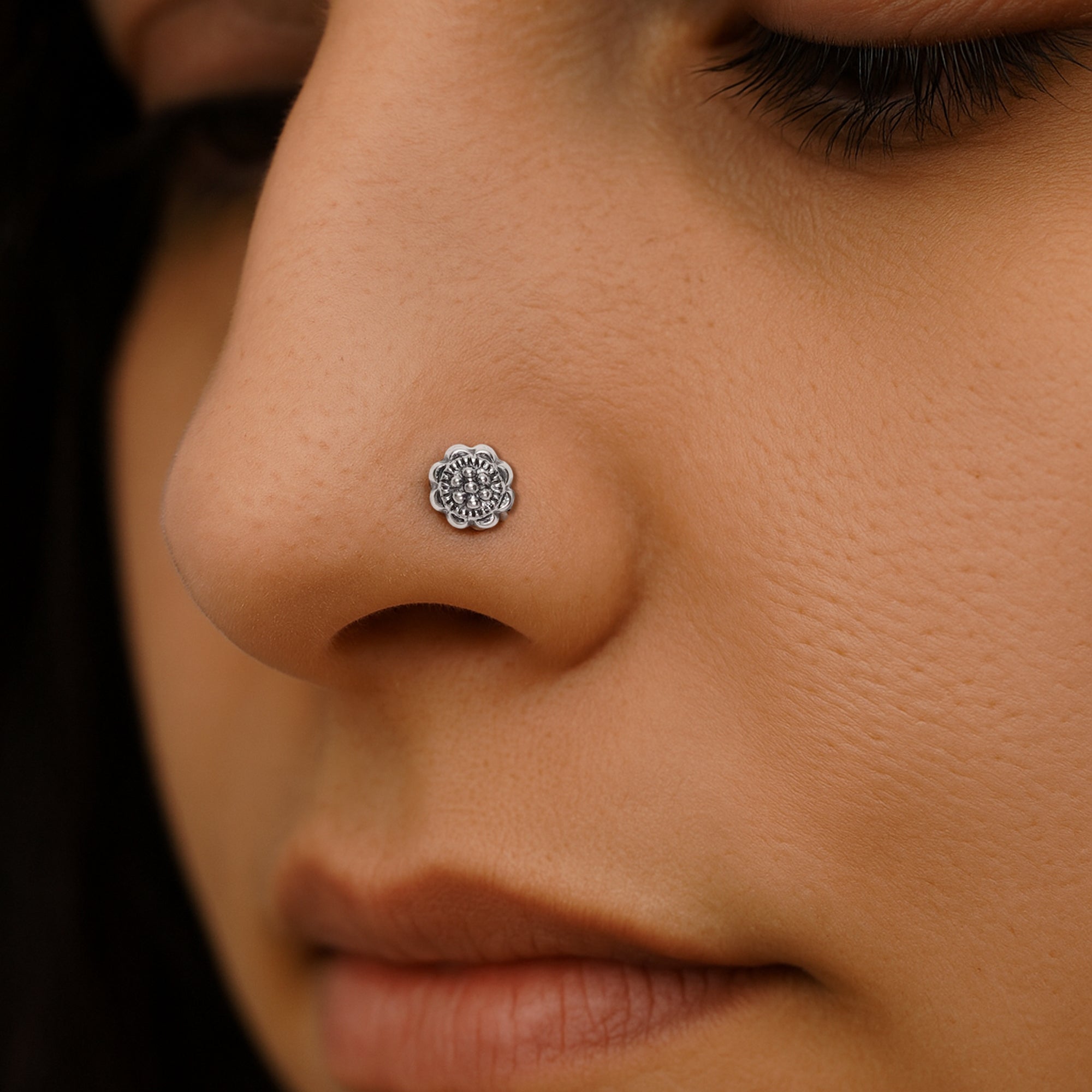 Oxidised Silver Floral Nosepin – Vintage Blossom Design