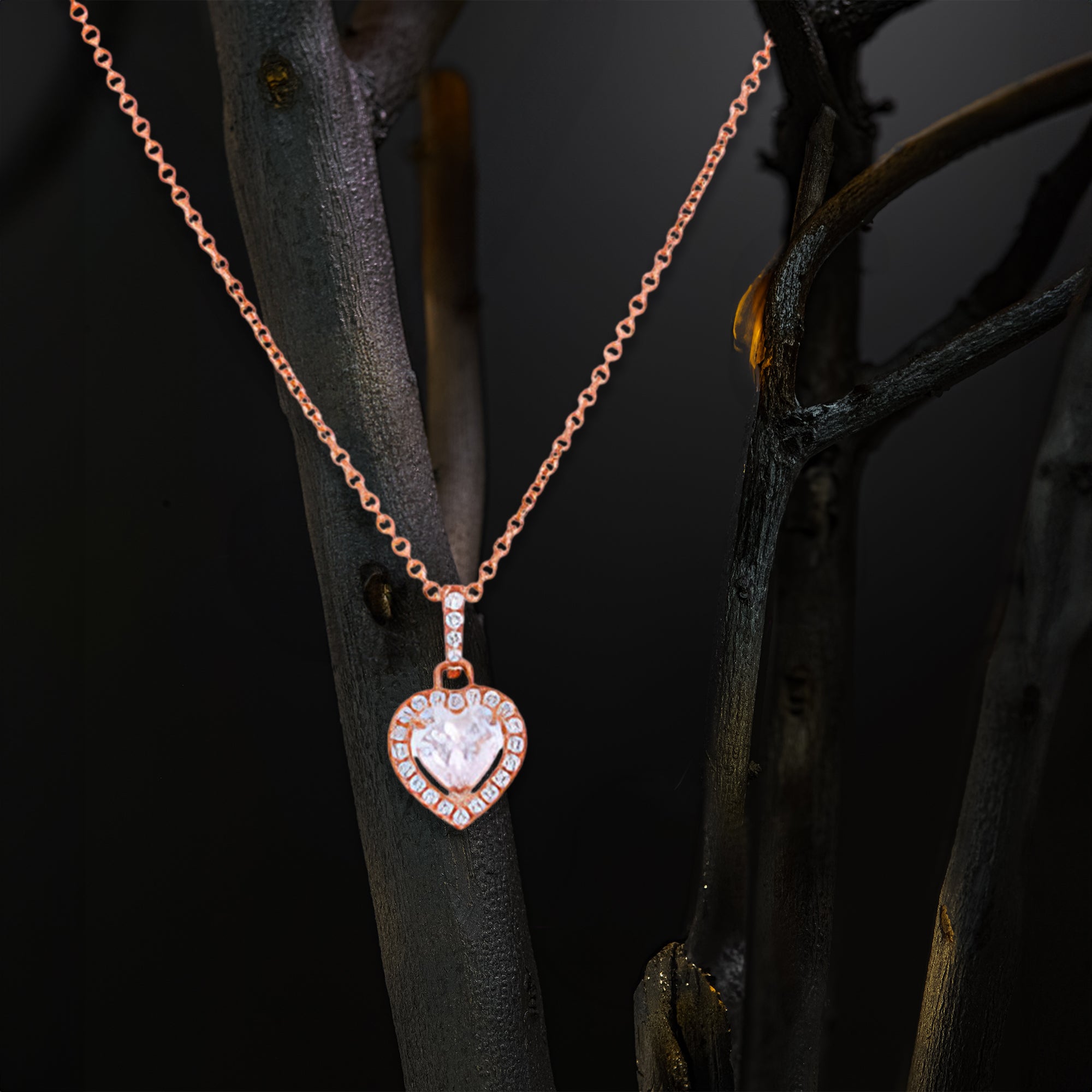 Rose Gold Heart Pendant Necklace with CZ Stones
