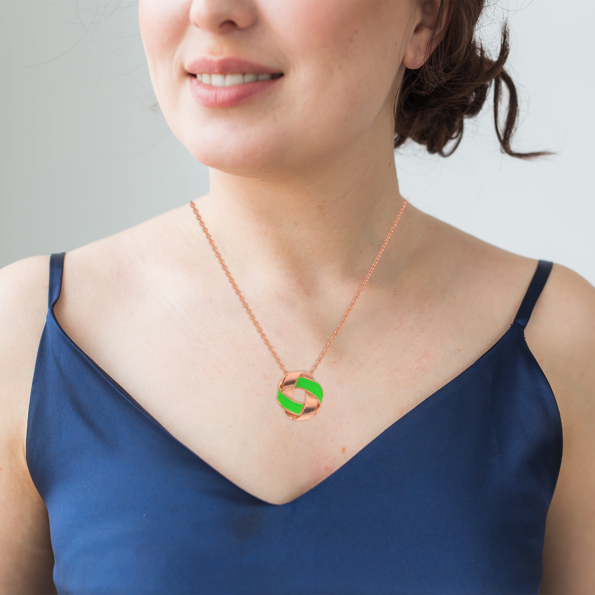 Rose Gold Knot Necklace with Green Enamel