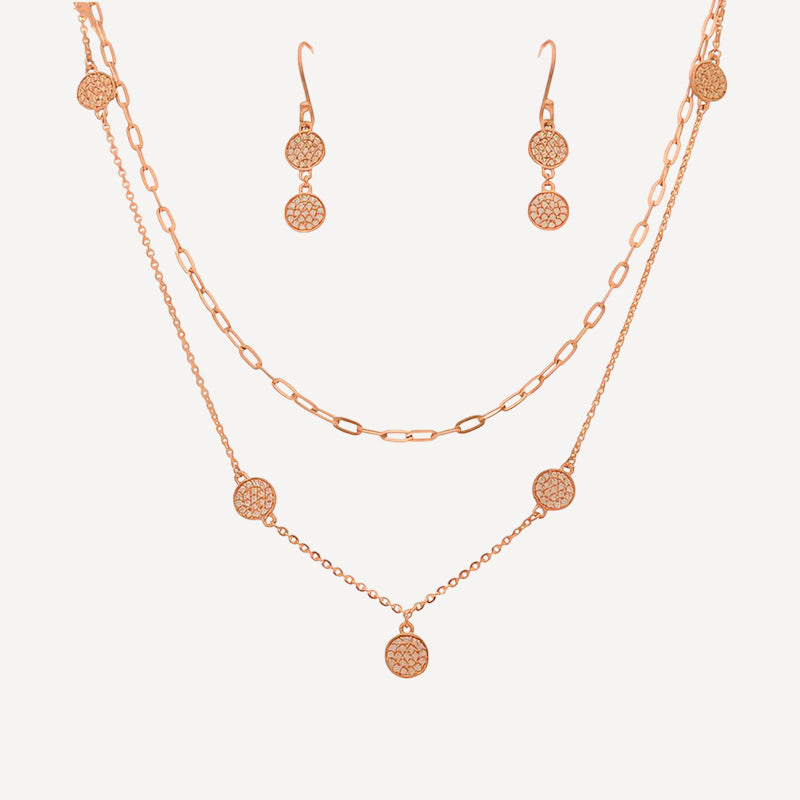Rose Gold Layered Necklace and Earring Set with Geometric Disc Motifs ? Contemporary Charm for Day-to-Night Styling