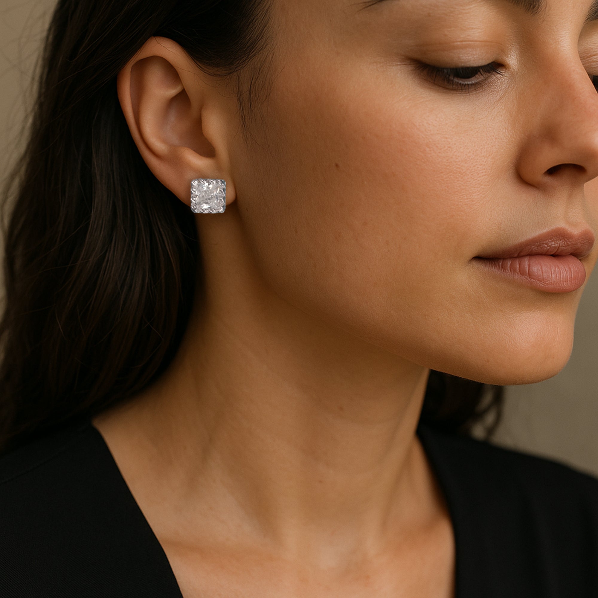 Square-Cut Crystal Stud Earrings – Halo Design in Silver Tone