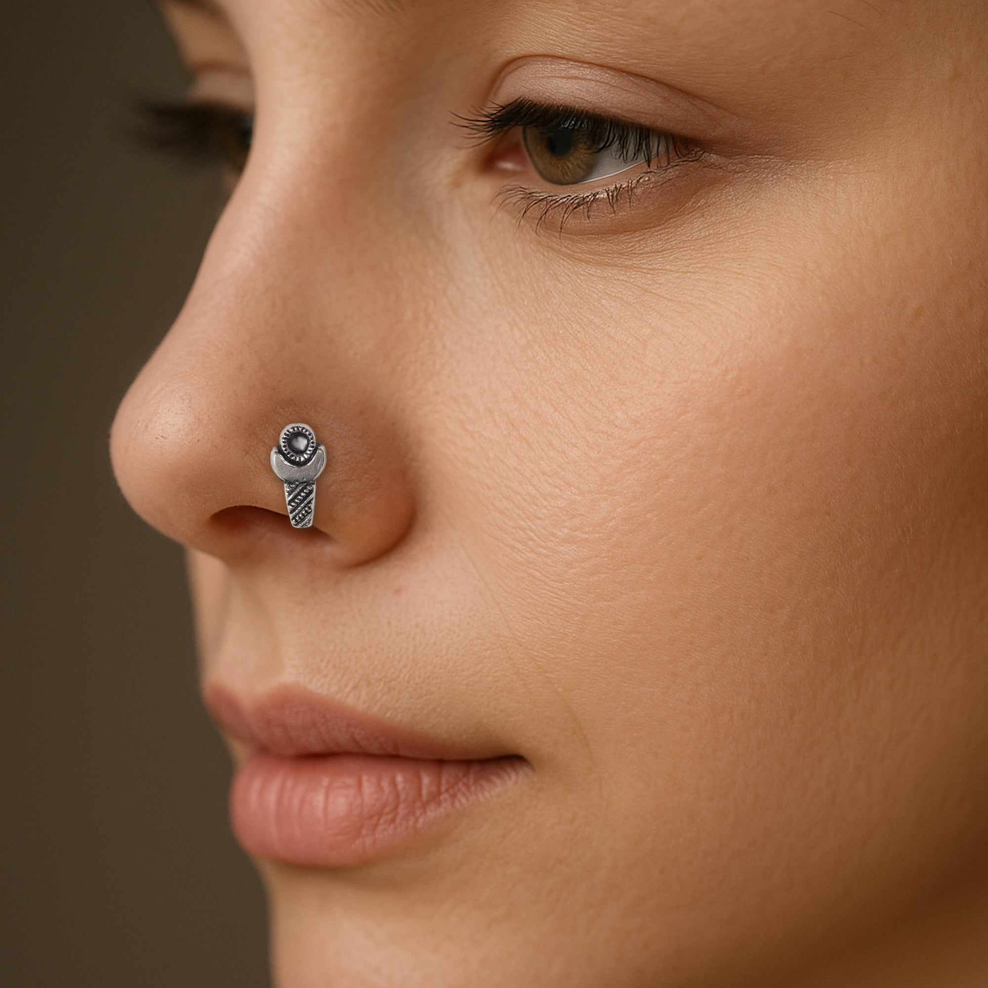 Oxidised Tribal Silver Nosepin – Bold Textured Design
