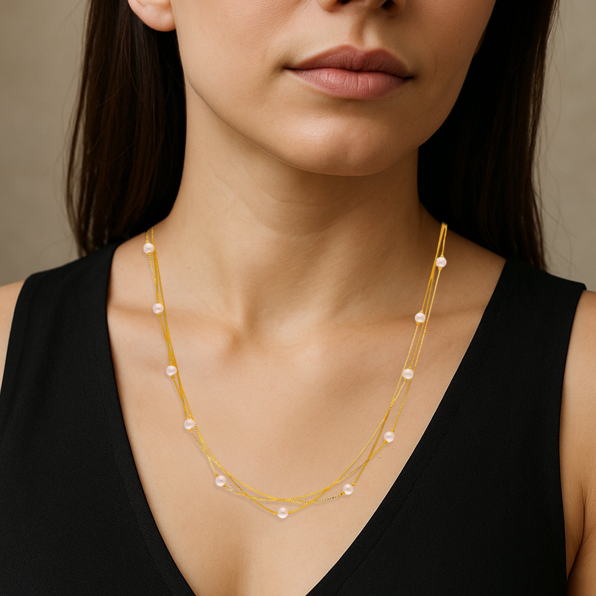 Multi-Strand Gold-Plated Silver Necklace with Pearls