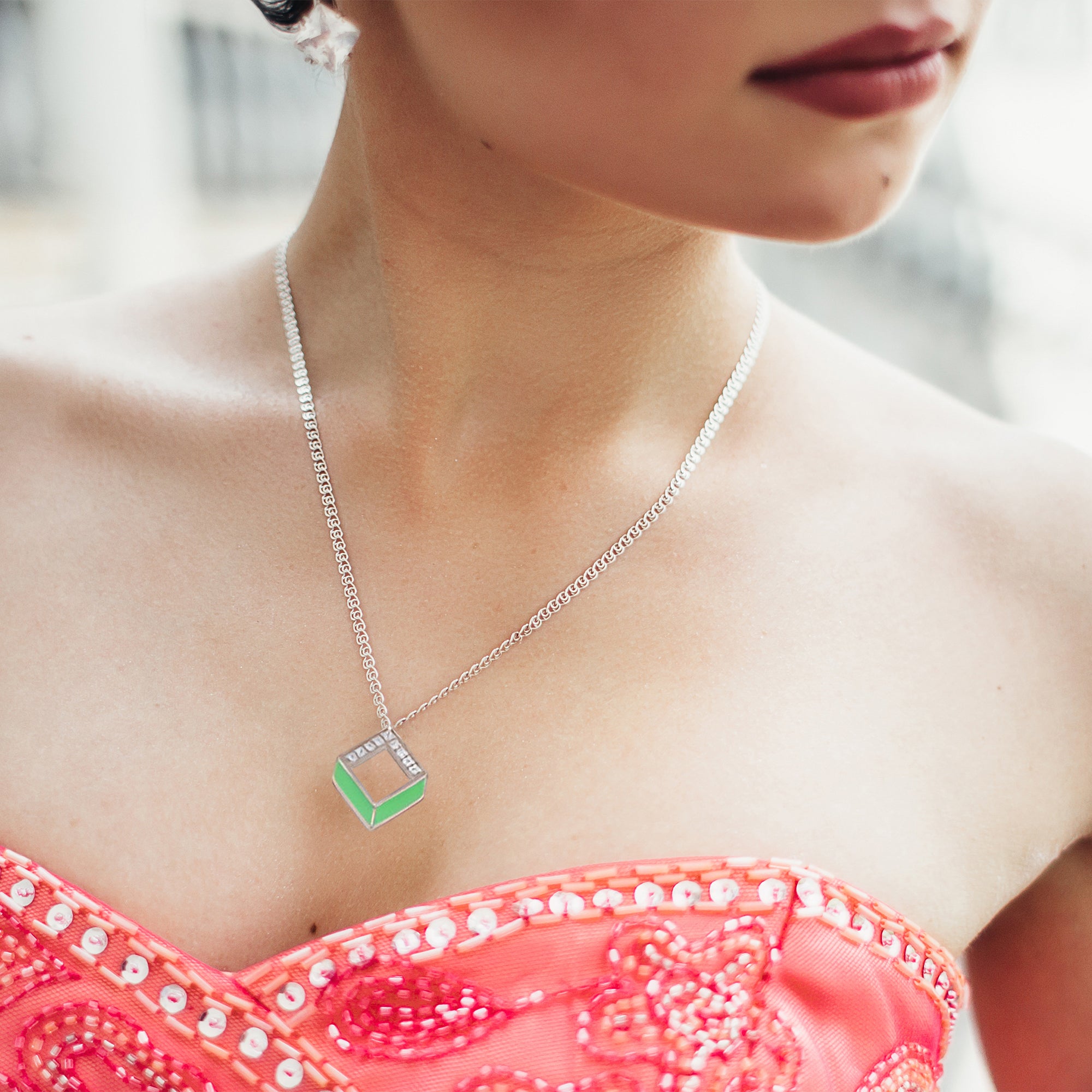 925 Sterling Silver Geometric Pendant Necklace with Green Enamel & CZ Accents