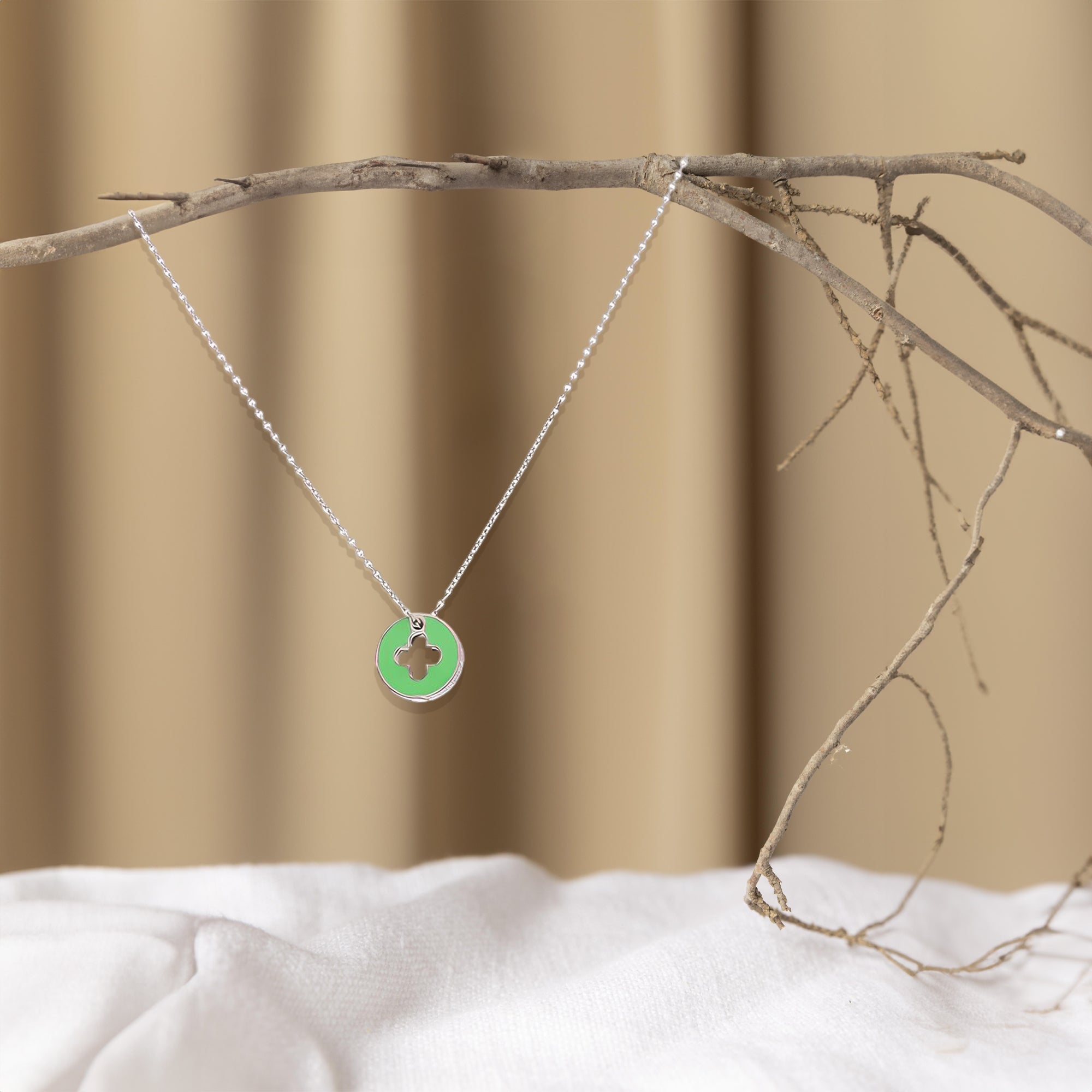 Silver Green Clover Cutout Necklace