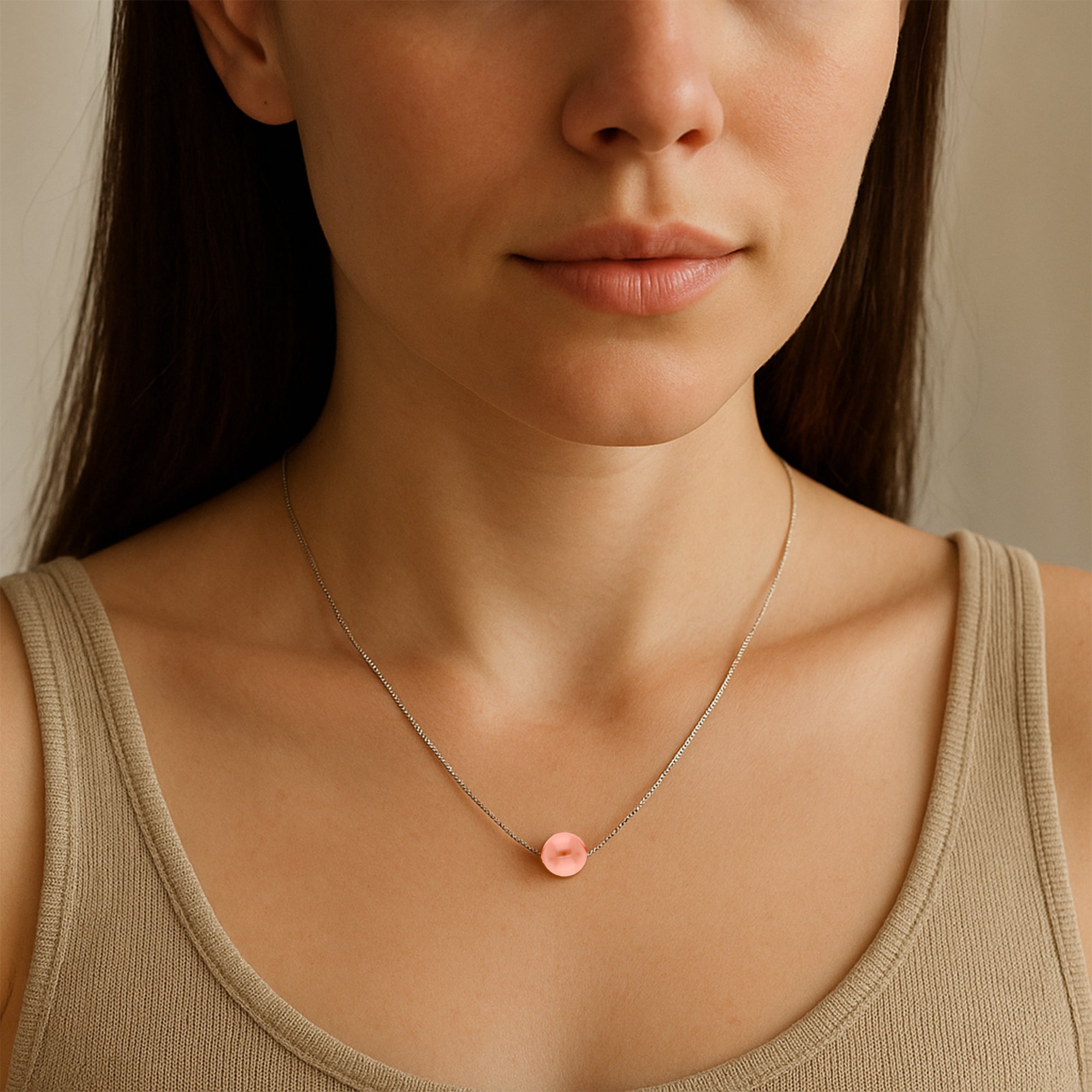 Minimal Peach Pearl Necklace – Single Bead on Silver Chain