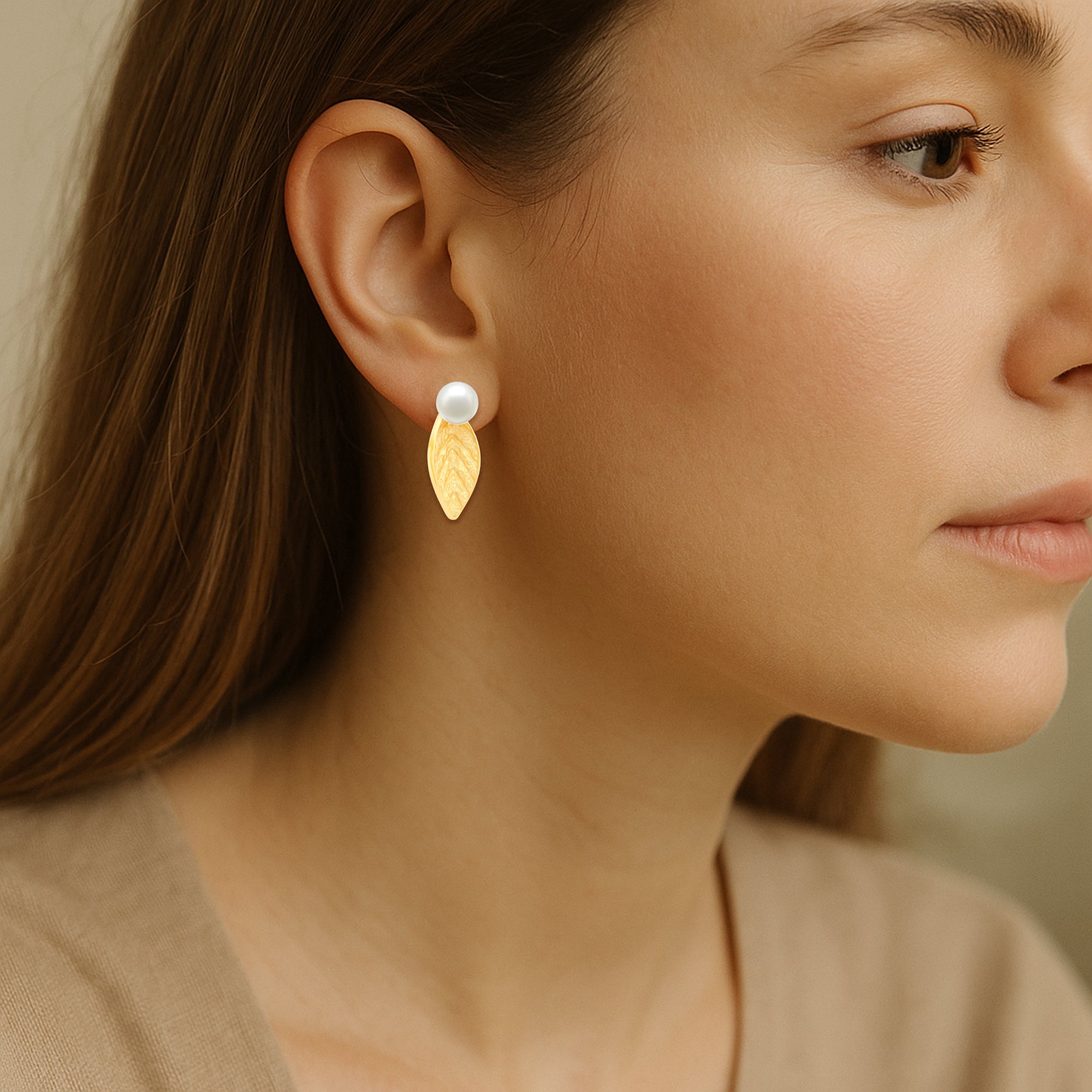 Gold-Plated Leaf Stud Earrings with Pearl Accent