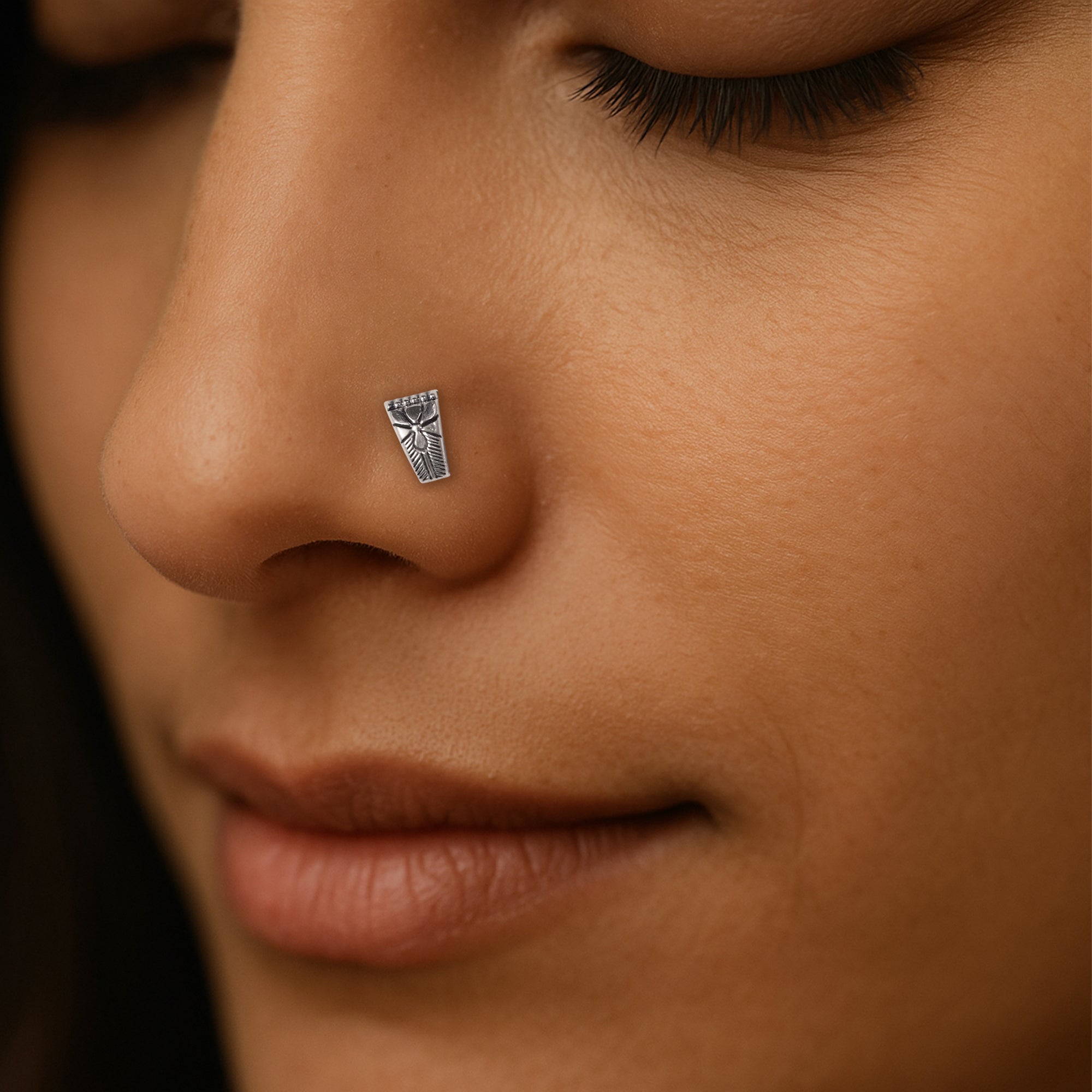 Oxidised Silver Nosepin with Engraved Floral Tribal Motif