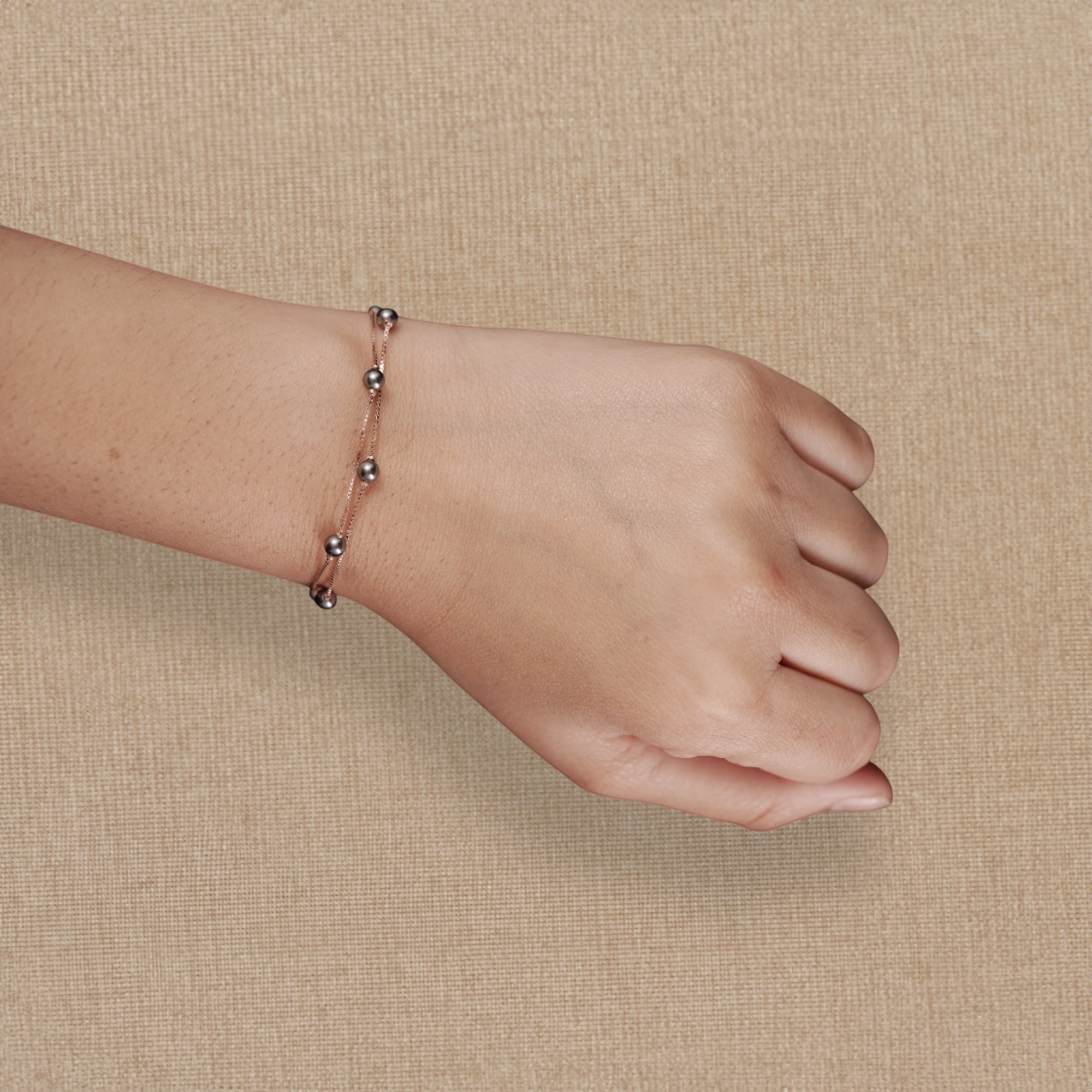 Rose Gold Double Chain Bracelet with Dark Pearl Beads