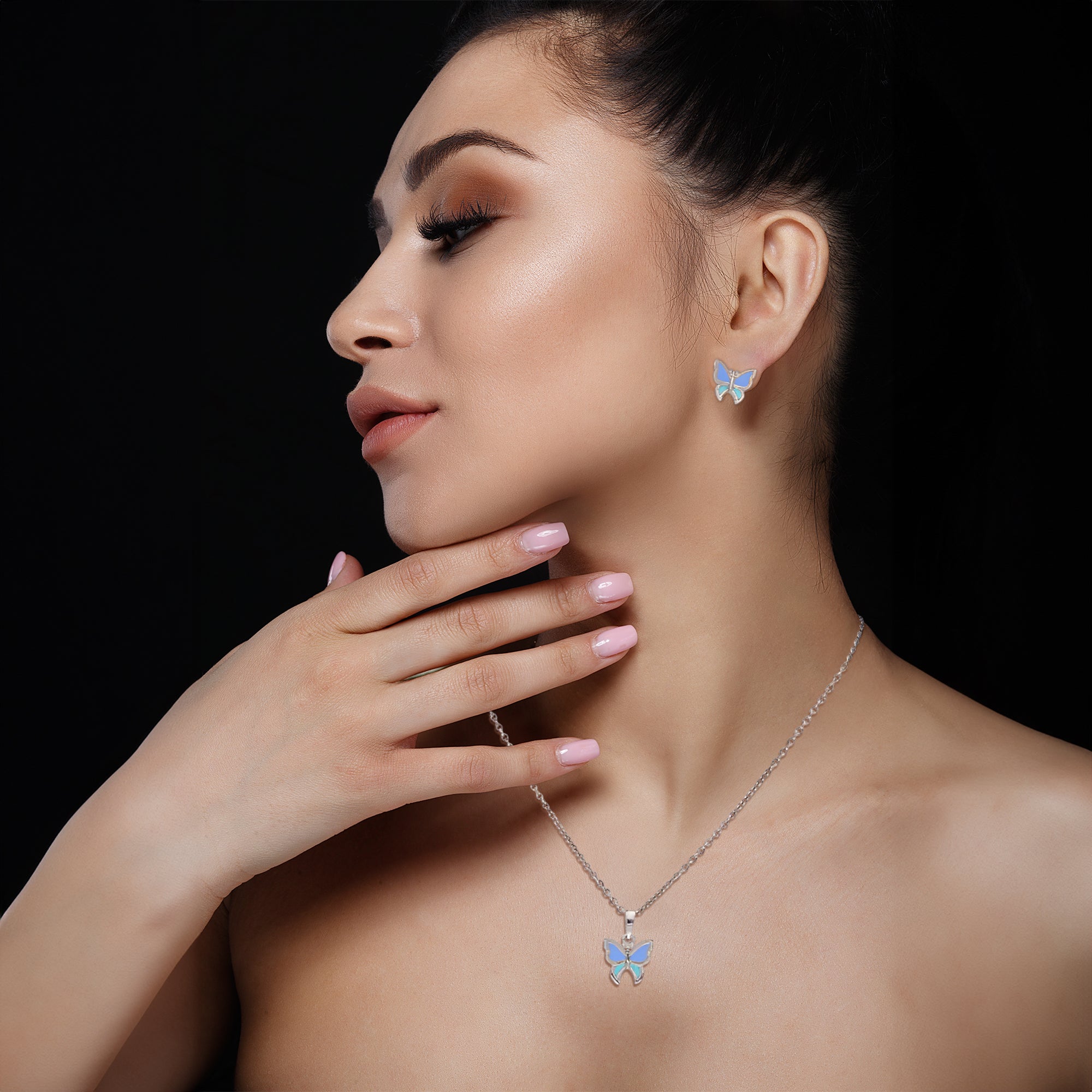 Butterfly Pendant Necklace & Earring Set – Silver with Blue Enamel