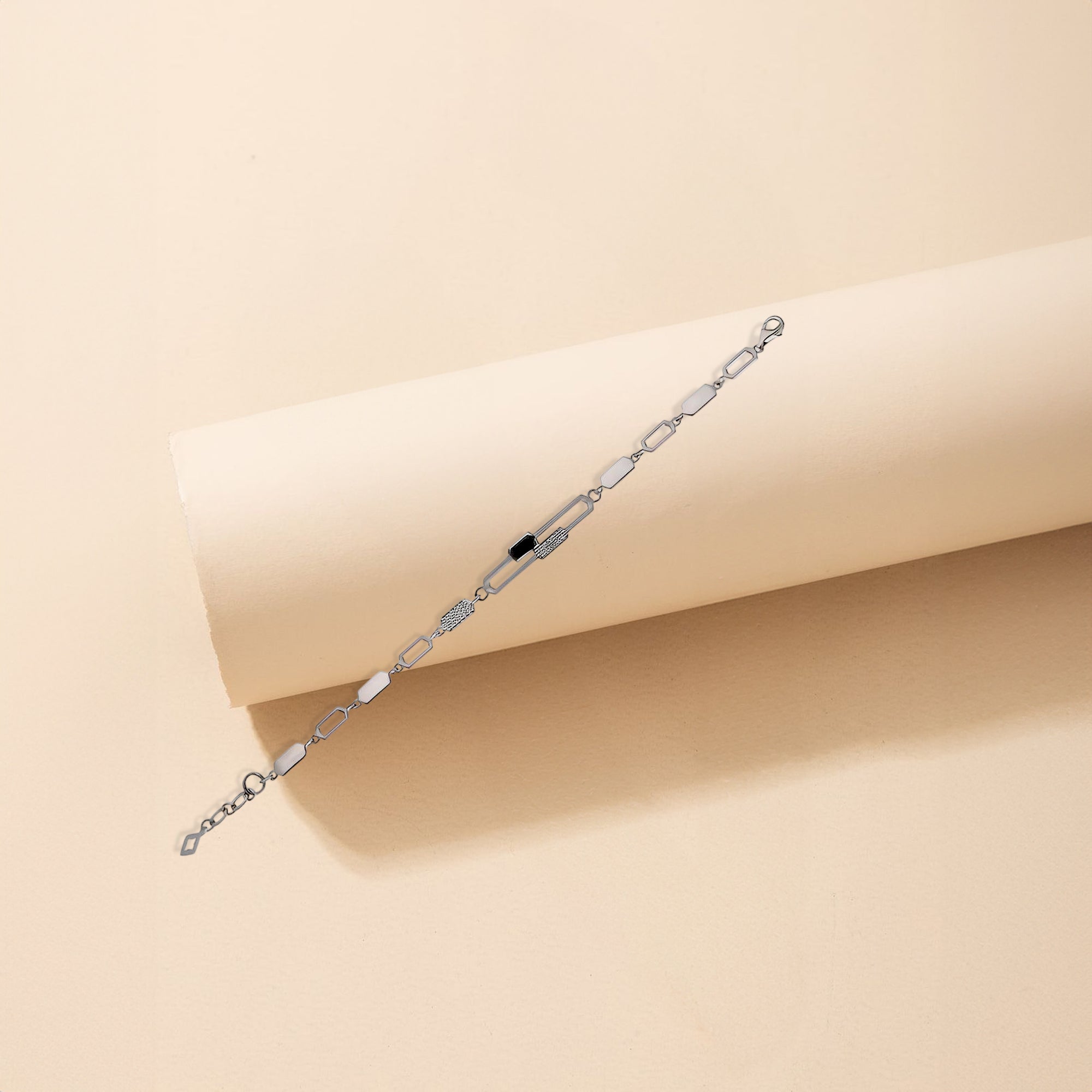 Geometric Silver Link Bracelet with Black Accent