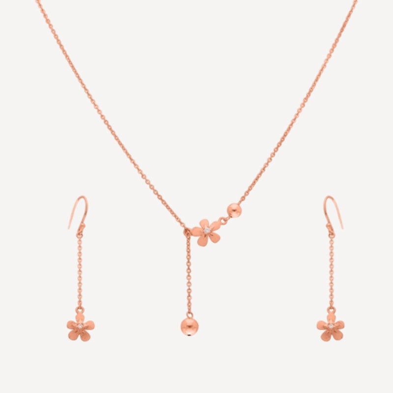Rose Gold Floral Drop Necklace and Earring Set ? Delicate Chain Design with Dangling Petal Charms for Elegant Everyday Wear