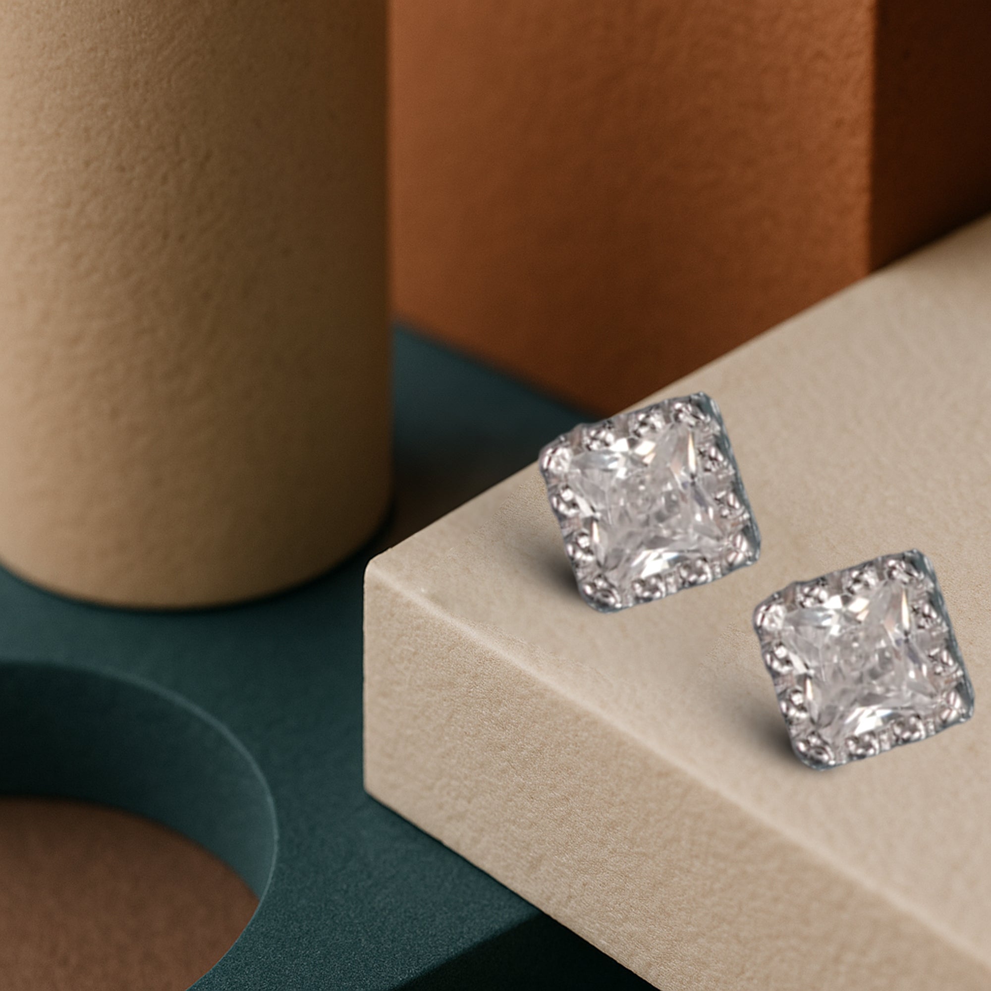 Square-Cut Crystal Stud Earrings – Halo Design in Silver Tone