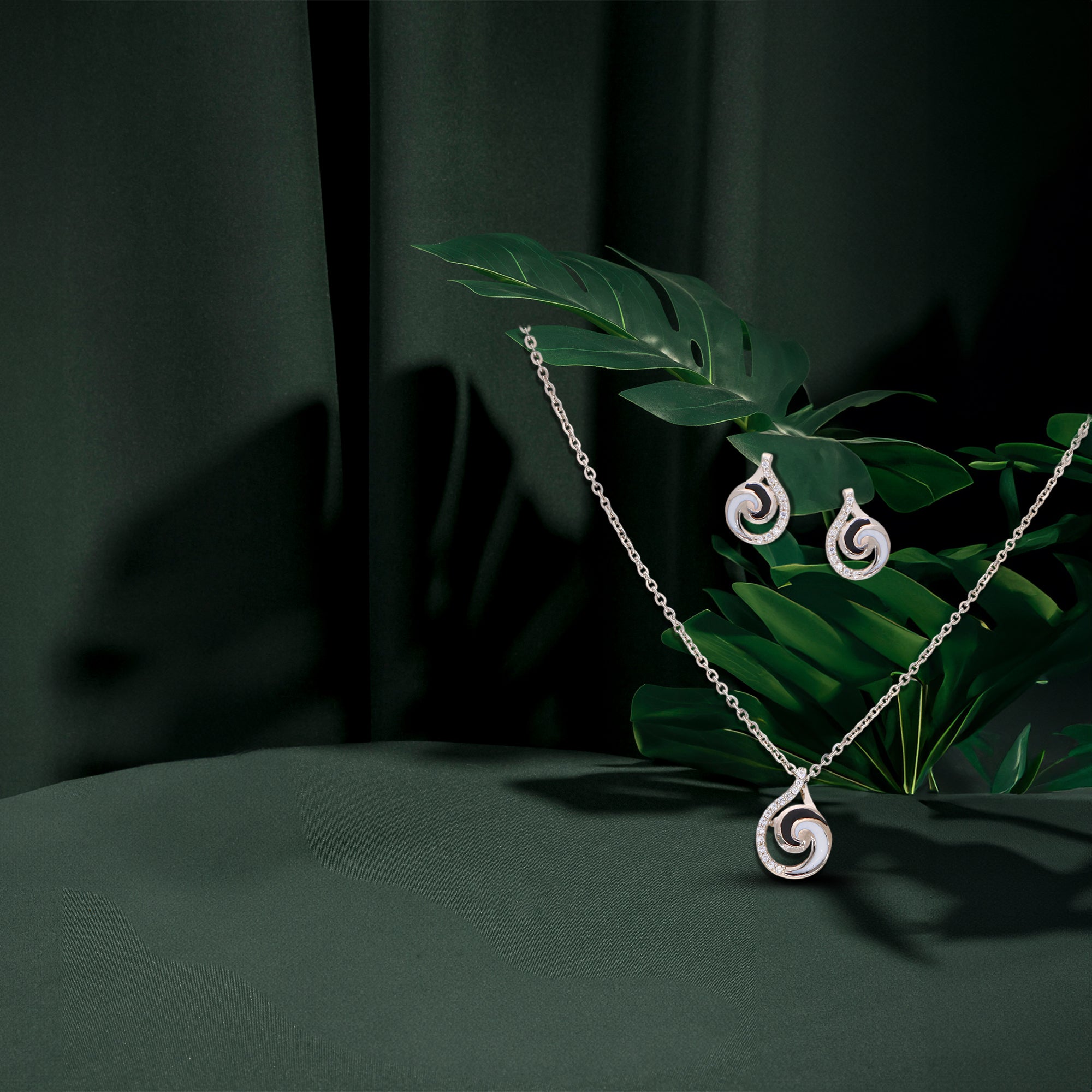 Swirl Teardrop Necklace & Earring Set – Silver with Enamel & CZ