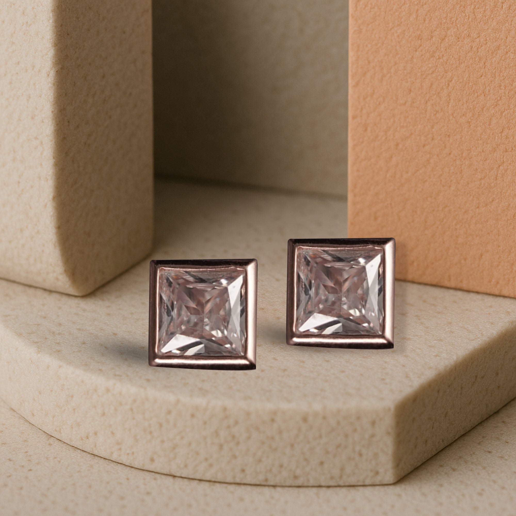 Rose Gold Square Crystal Stud Earrings – Princess Cut Bezel Design