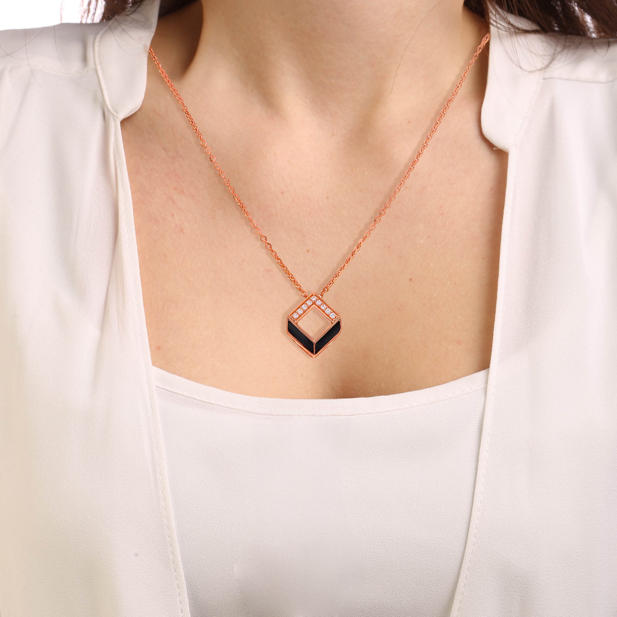 Coated Silver Geometric Pendant Necklace with Black Enamel & Crystals