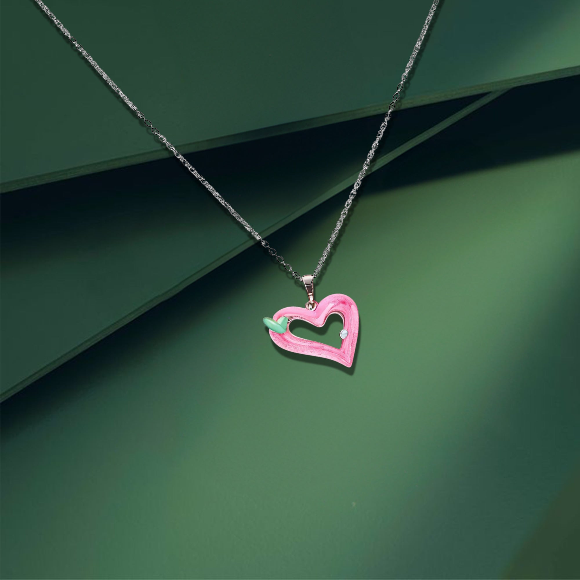 Cute Pink Enamel Heart Necklace with Mint Green Accent – Playful & Stylish