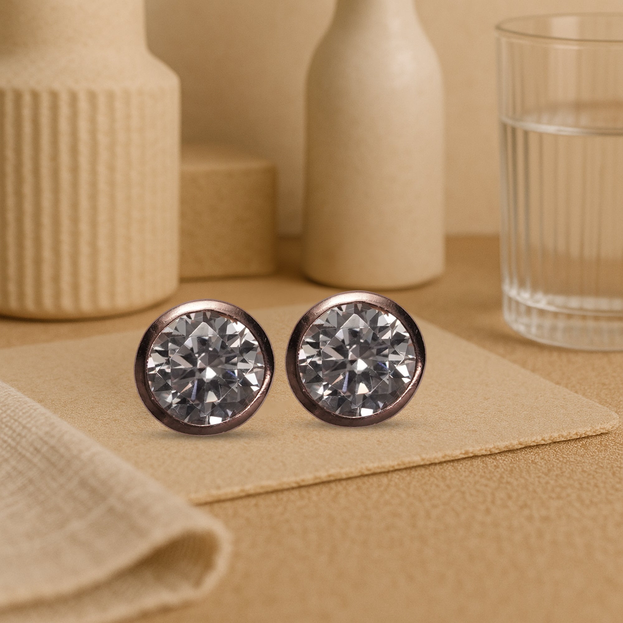 Rose Gold Bezel-Set Crystal Stud Earrings – Classic Round Design