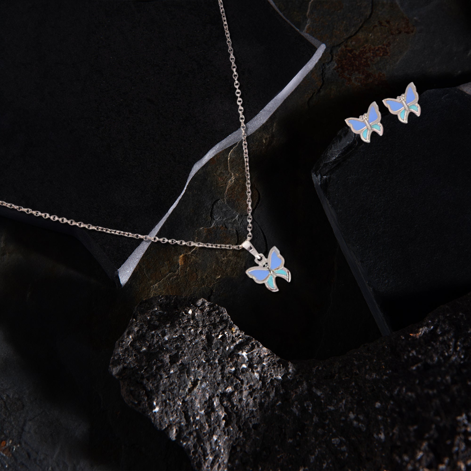 Butterfly Pendant Necklace & Earring Set – Silver with Blue Enamel
