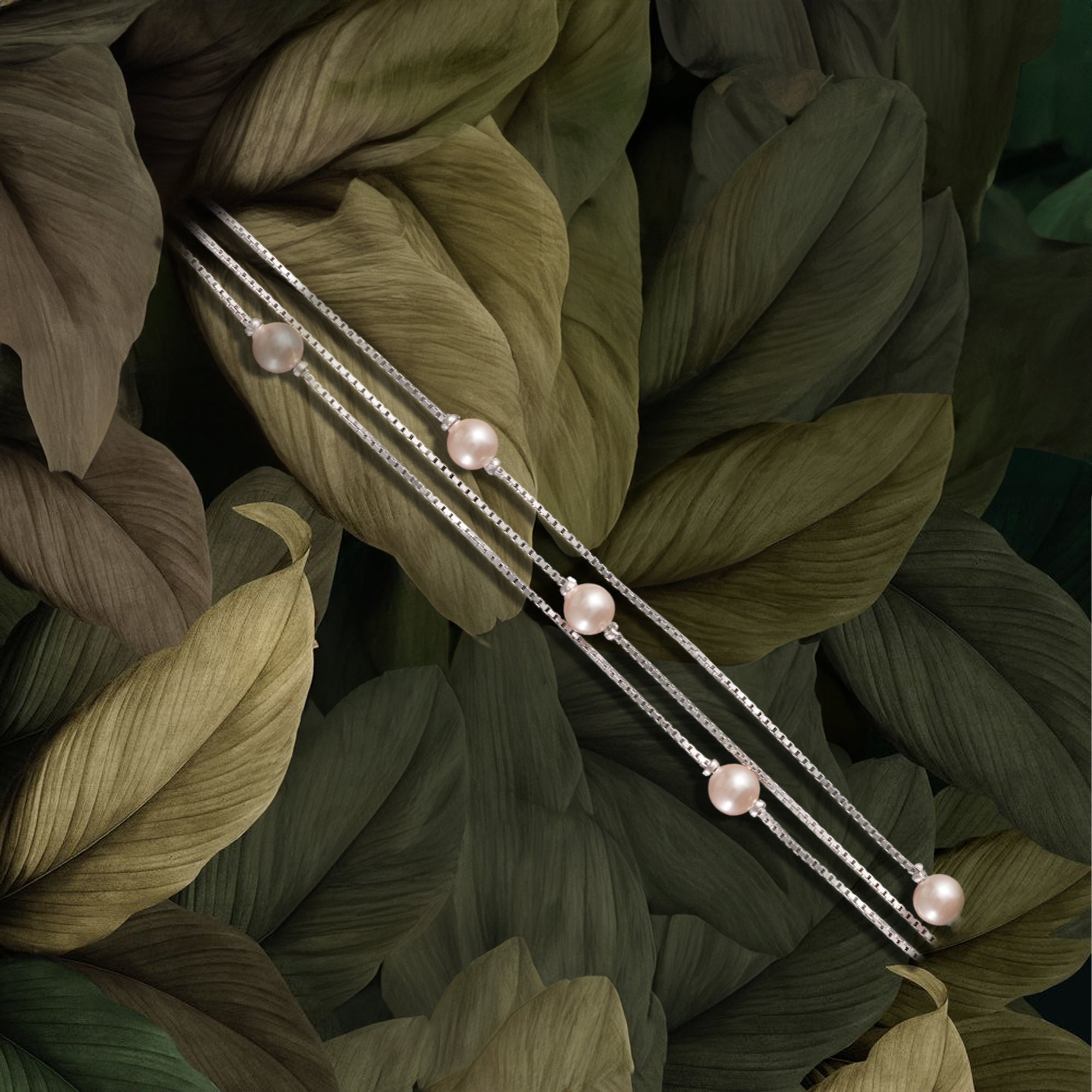 Double-Strand Silver Bracelet with Soft Pink Pearl Accents