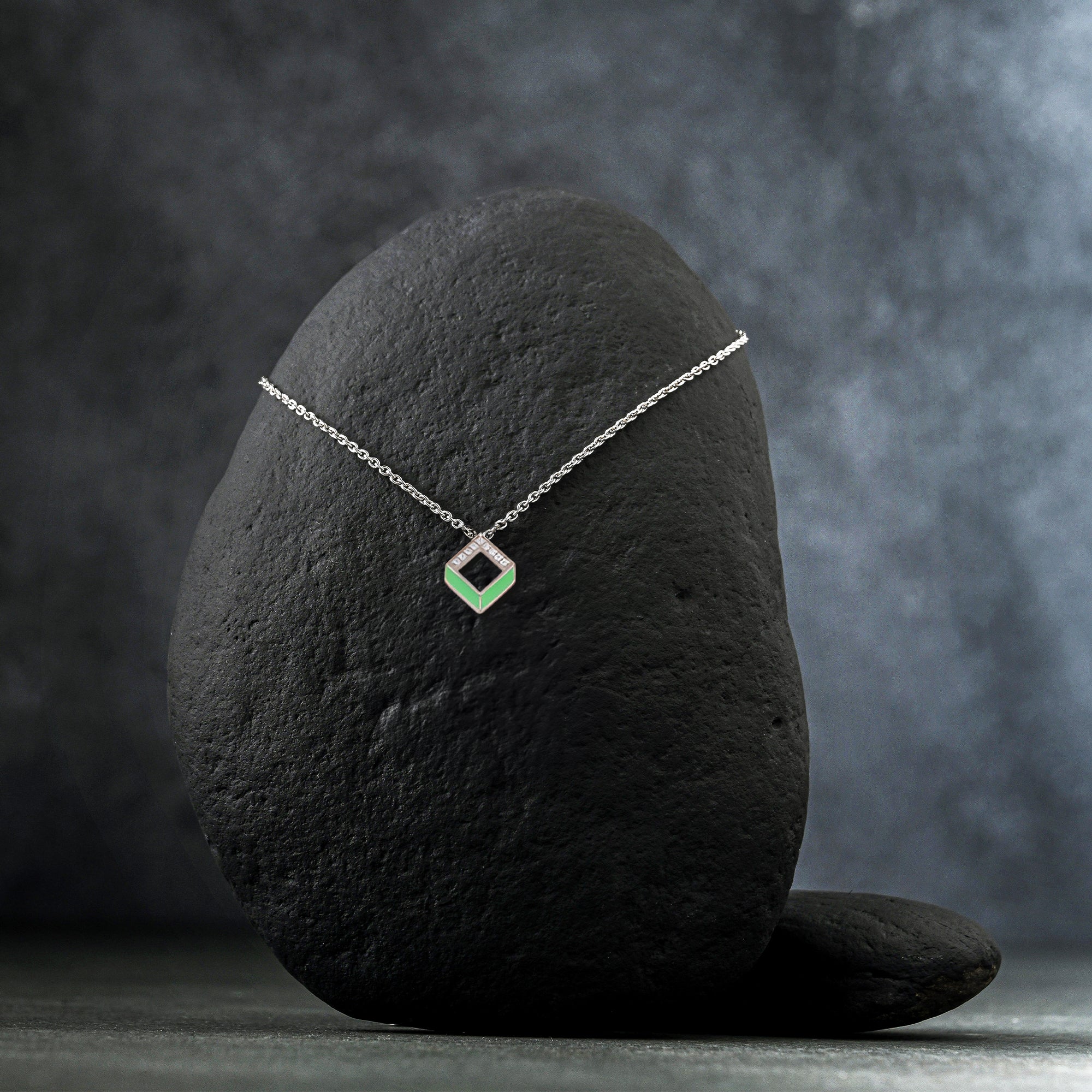 925 Sterling Silver Geometric Pendant Necklace with Green Enamel & CZ Accents