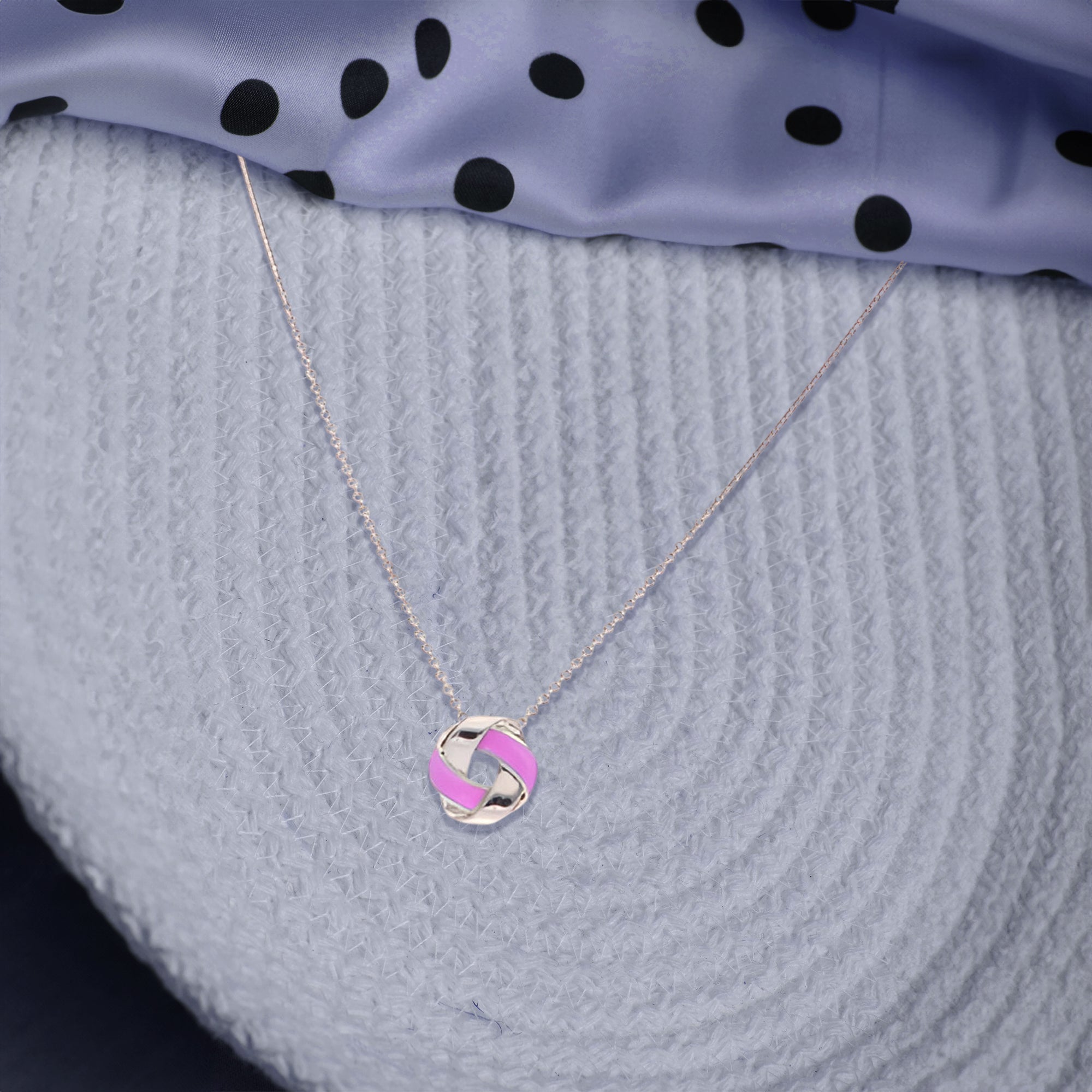 Silver Knot Necklace with Pink Enamel Accent