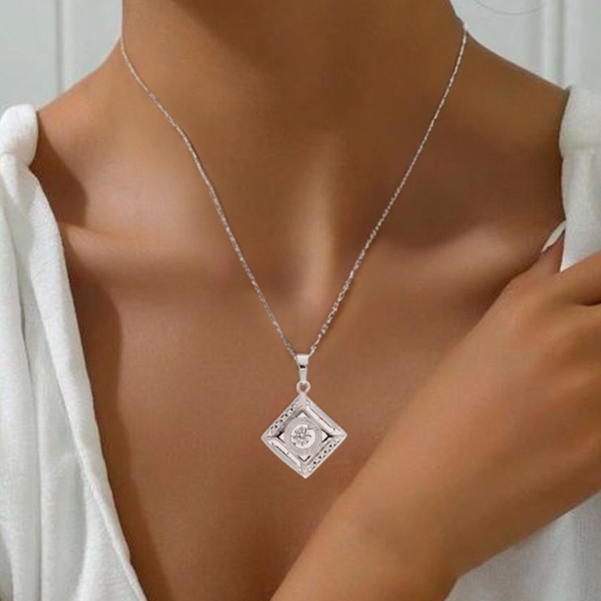 Sterling Silver Geometric Square Pendant Necklace