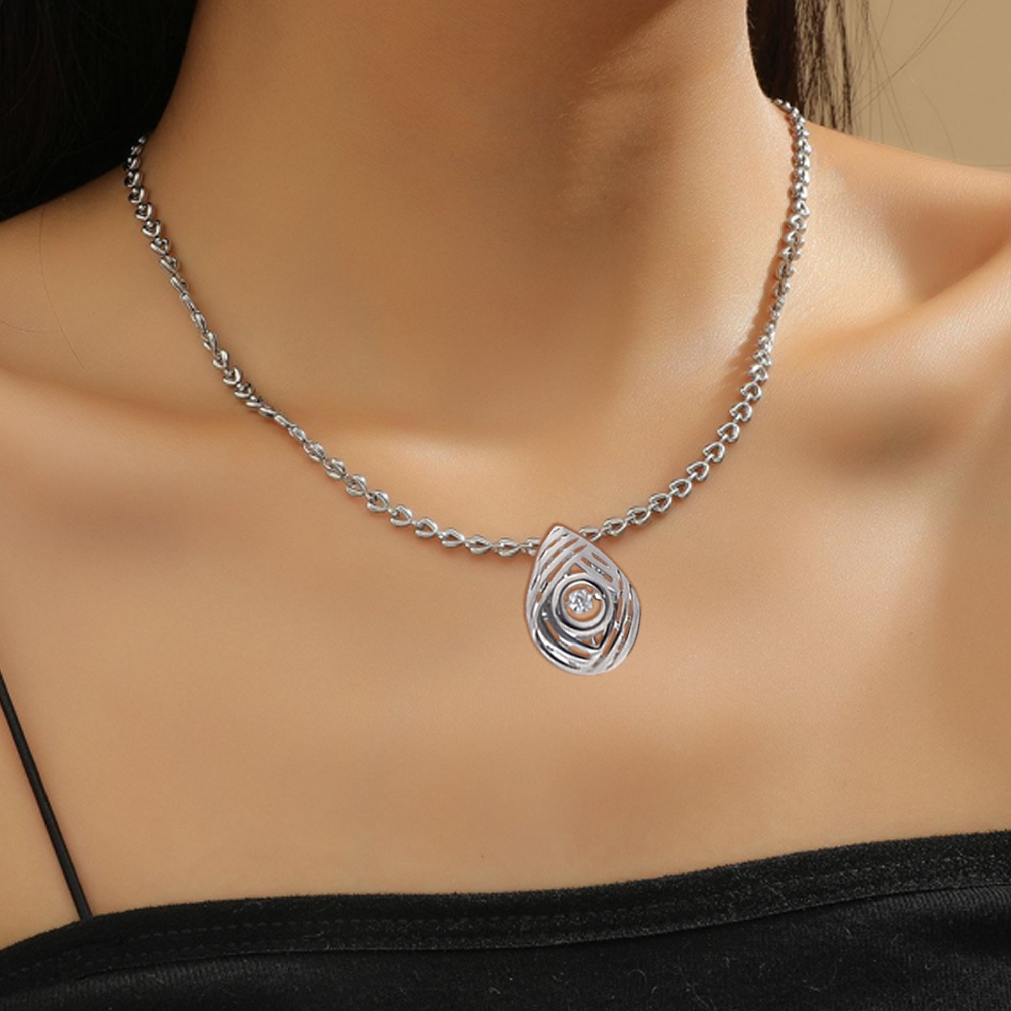 Sterling Silver Teardrop Pendant Necklace with Cubic Zirconia