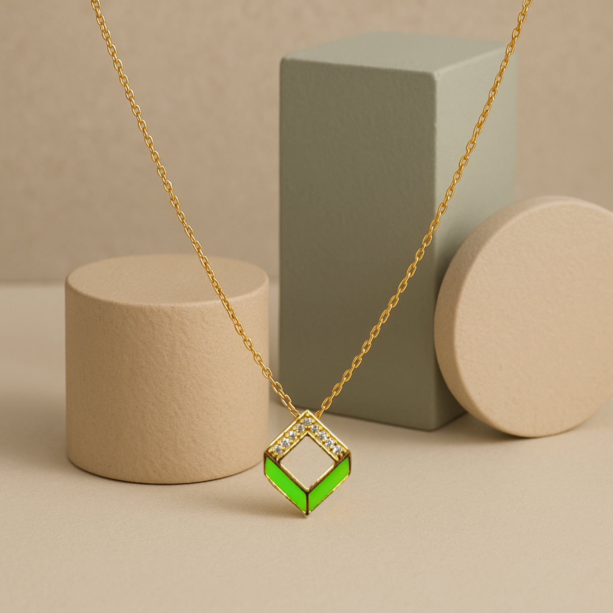 Gold-Plated Silver Necklace with Green Enamel Geometric Pendant