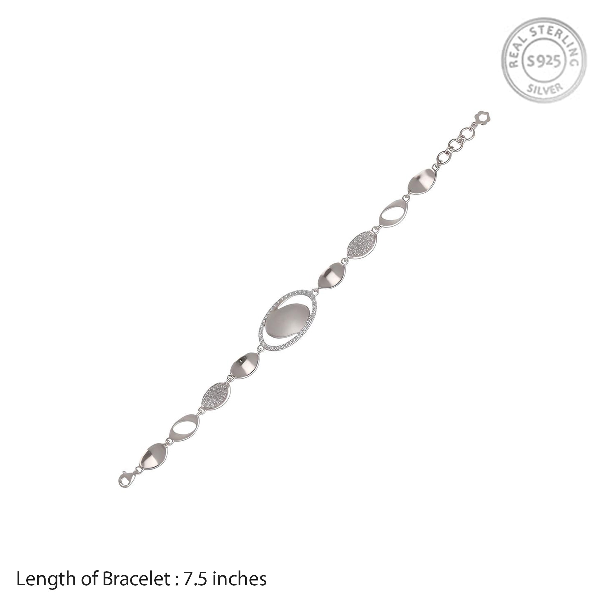 Elegant Silver Bracelet with Textured Ovals and Crystal Accents