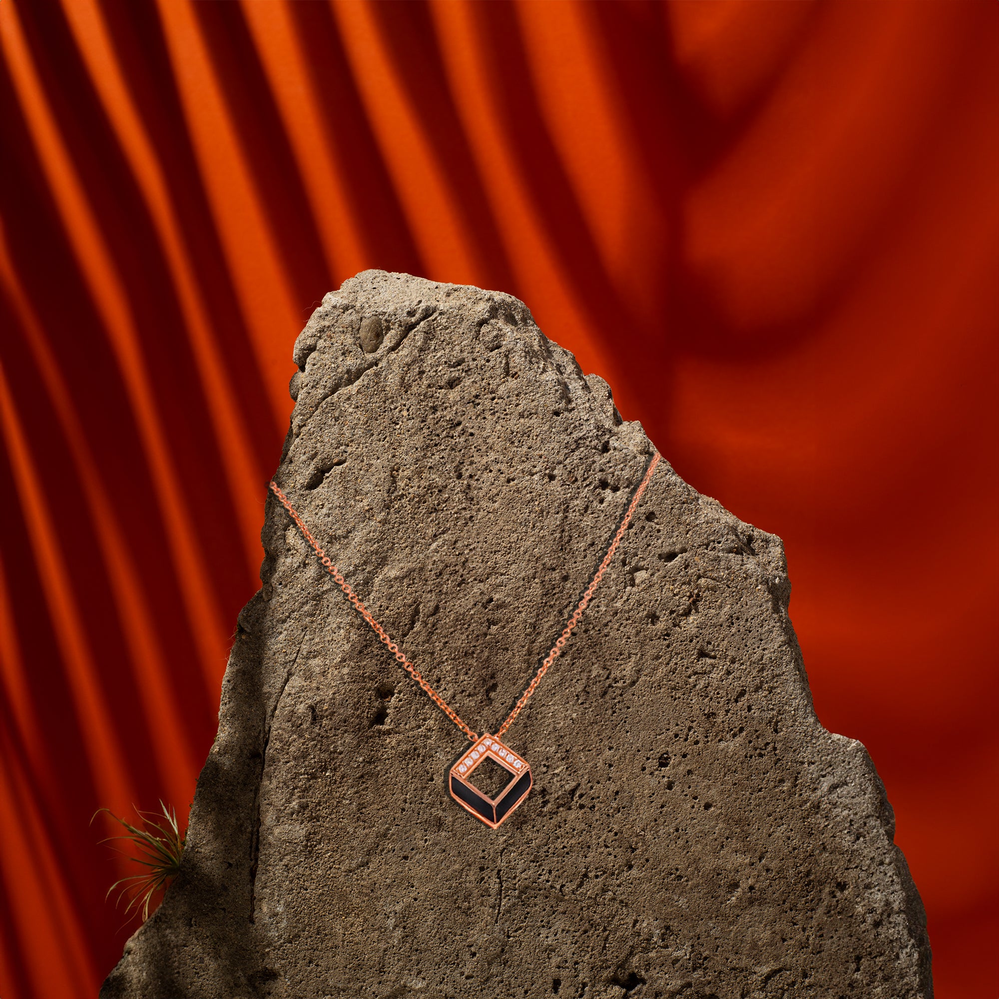 Coated Silver Geometric Pendant Necklace with Black Enamel & Crystals
