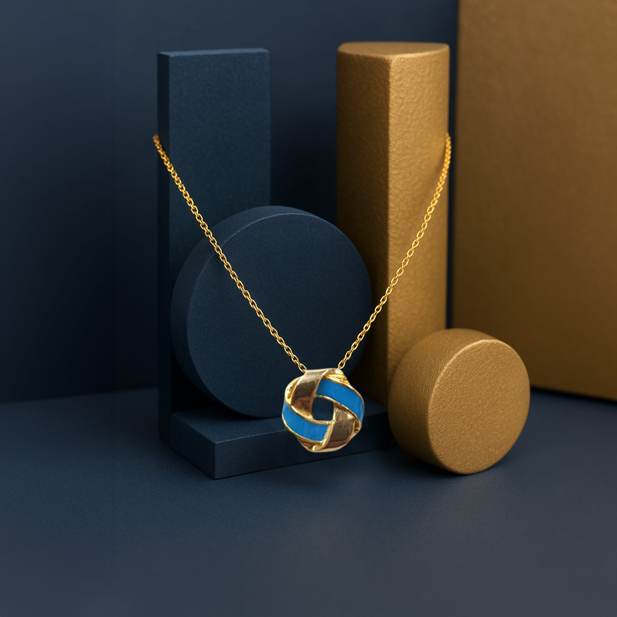 Gold-Coated Silver Knot Pendant Necklace with Blue Enamel