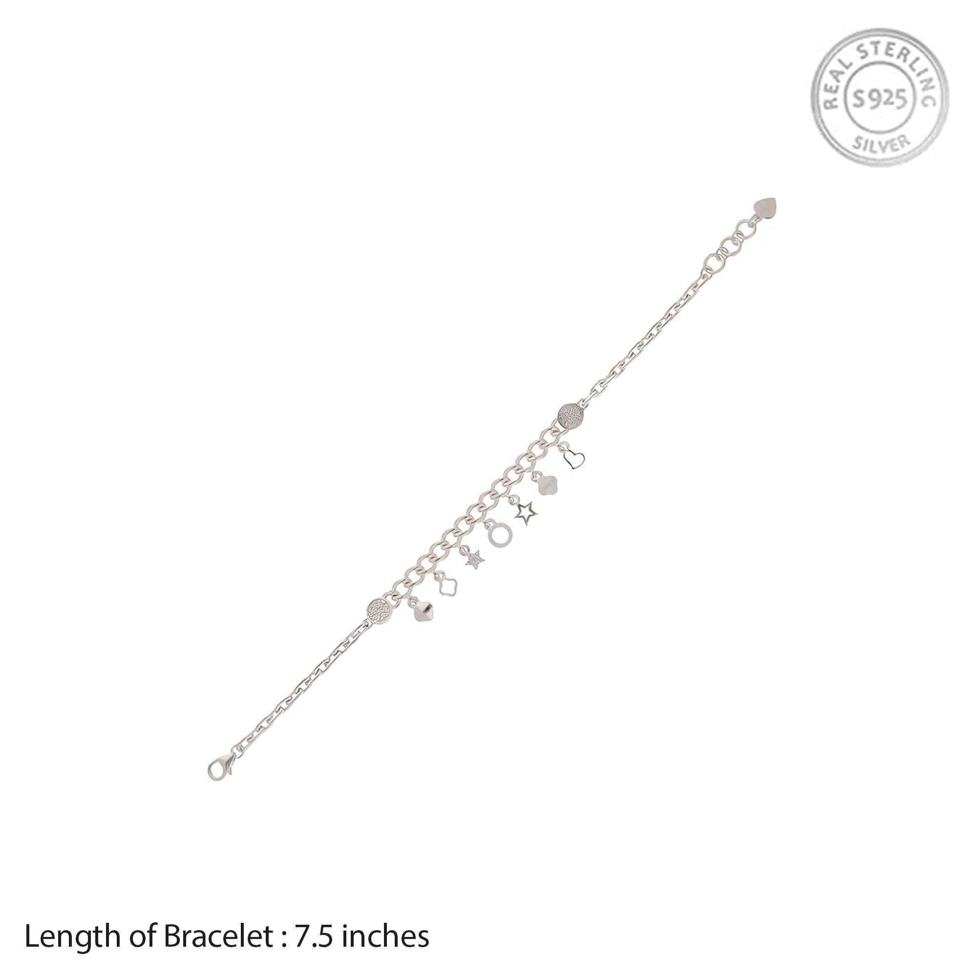 Silver Charm Bracelet – Multi-Charm Dangle Chain with Heart & Star Pendants