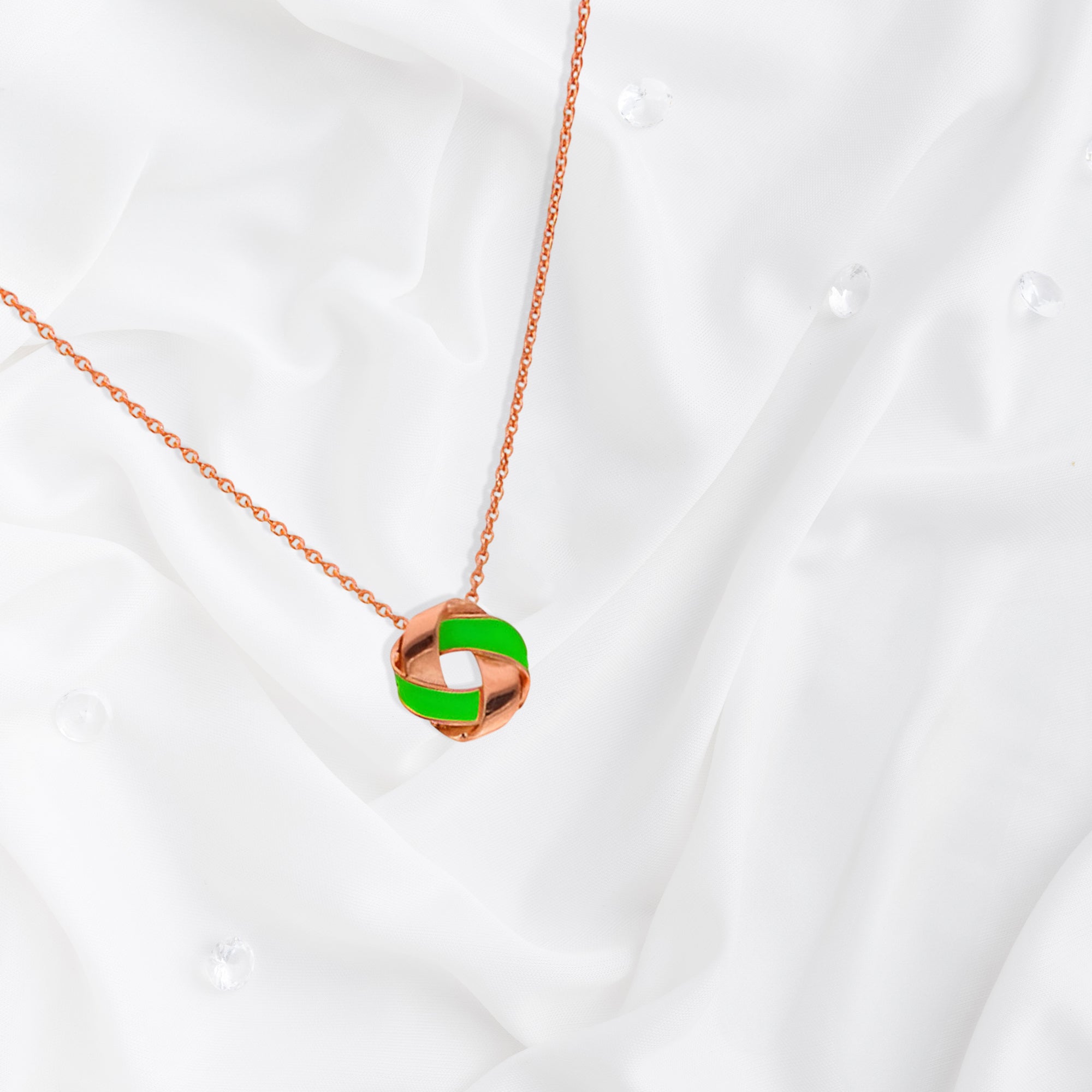 Rose Gold Knot Necklace with Green Enamel