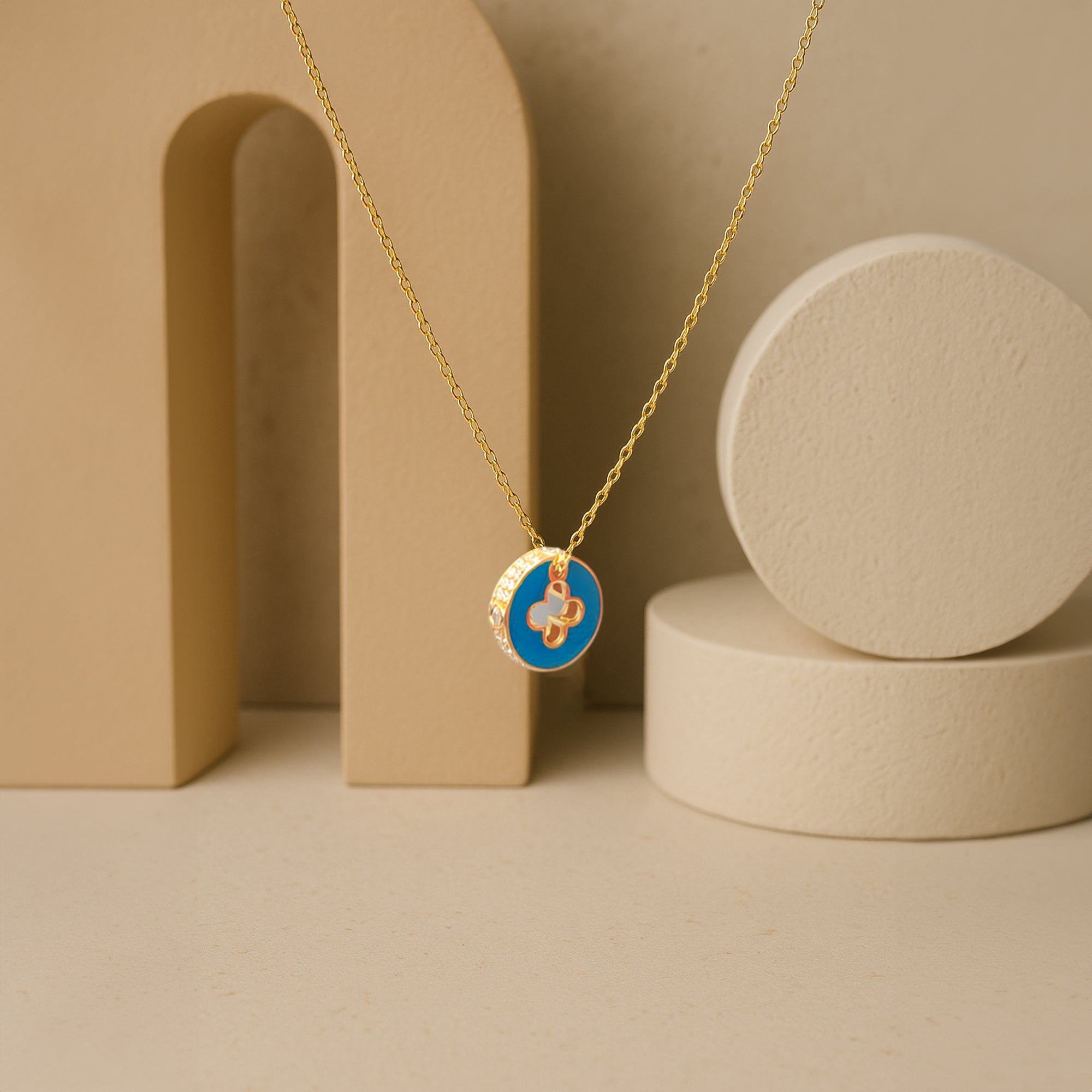 Gold-Coated Silver Round Pendant Necklace with Blue Enamel & Clover Charm
