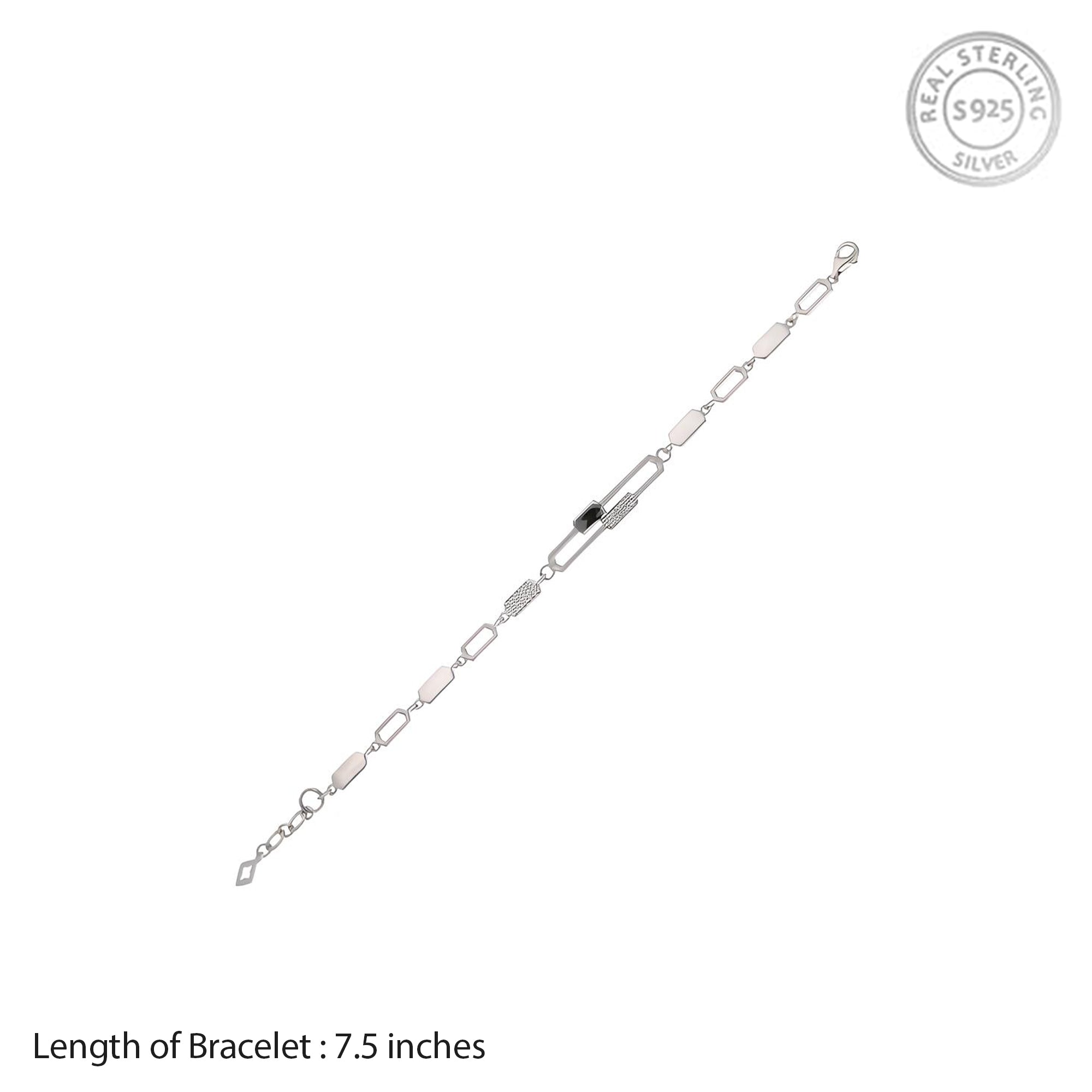 Geometric Silver Link Bracelet with Black Accent