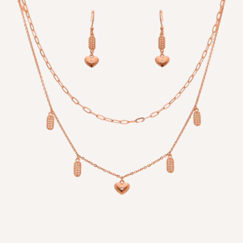 Rose Gold Plated Heart and Tag Charm Necklace and Earring Set