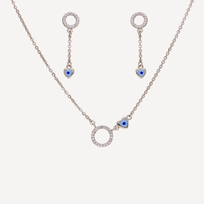 Blue Heart Evil Eye Necklace & Dangle Earrings Set with Pave Crystal Circles
