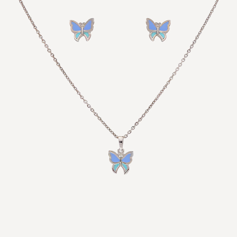 Butterfly Pendant Necklace & Earring Set – Silver with Blue Enamel