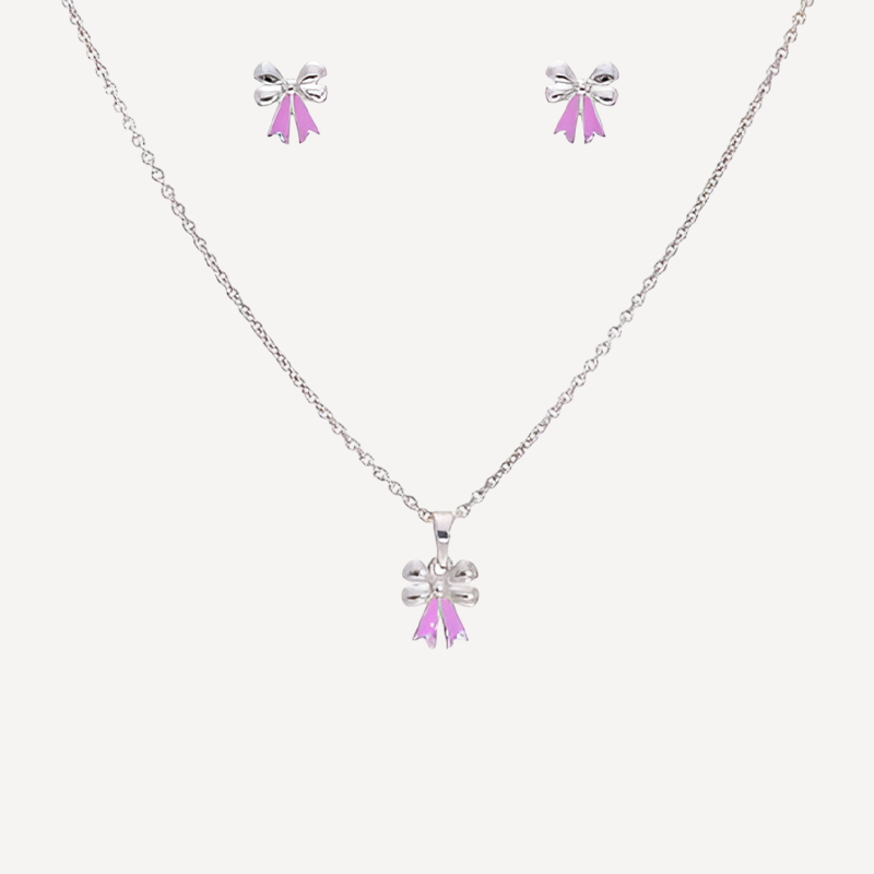 Silver Bow Pendant & Earring Set – Pink Enamel Ribbon Design