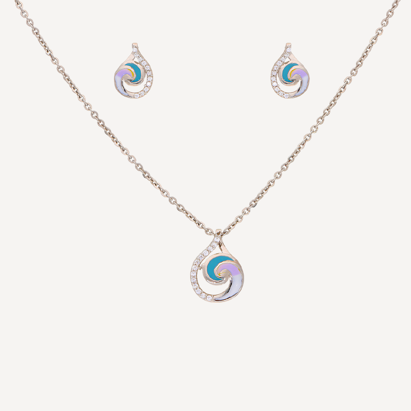 Pastel Swirl Pendant & Earring Set – Multicolor Enamel with Silver Finish