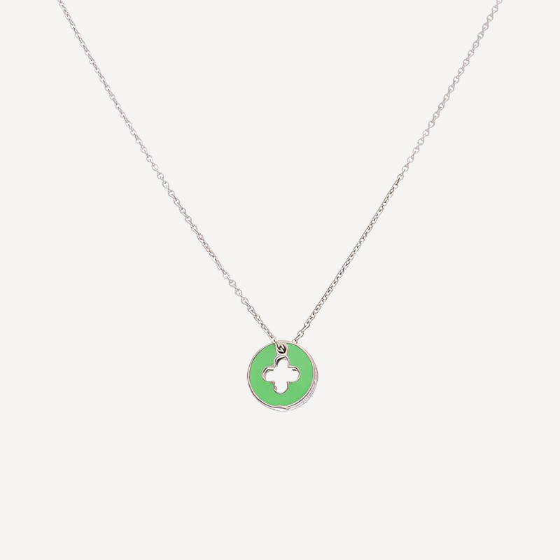 Green Clover Cutout Necklace – Enamel Circle Pendant on Silver Chain