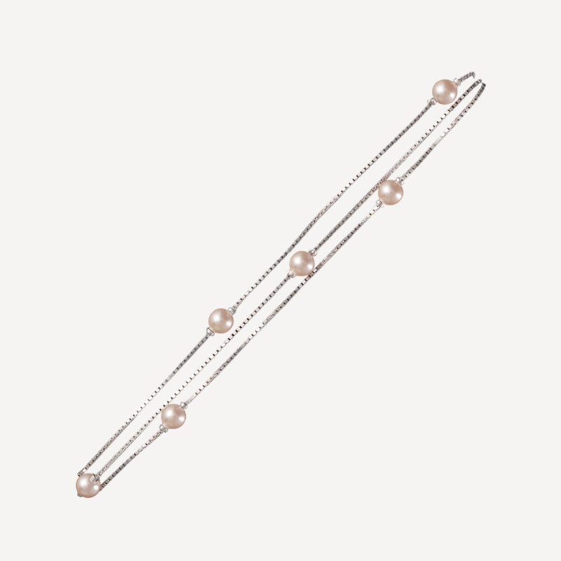 Double-Strand Silver Bracelet with Soft Pink Pearl Accents