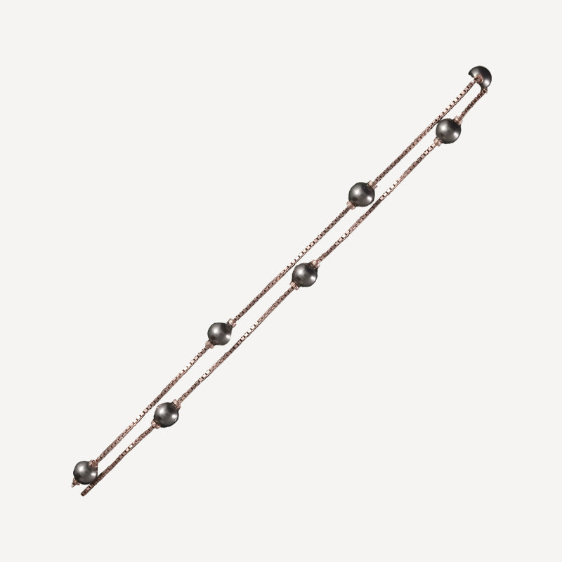 Rose Gold Double Chain Bracelet with Dark Pearl Beads