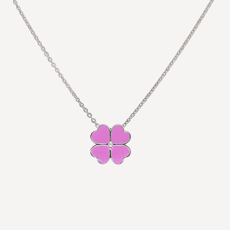 Blush Pink Enamel Four Leaf Clover Necklace with Dainty Silver Chain Pendant