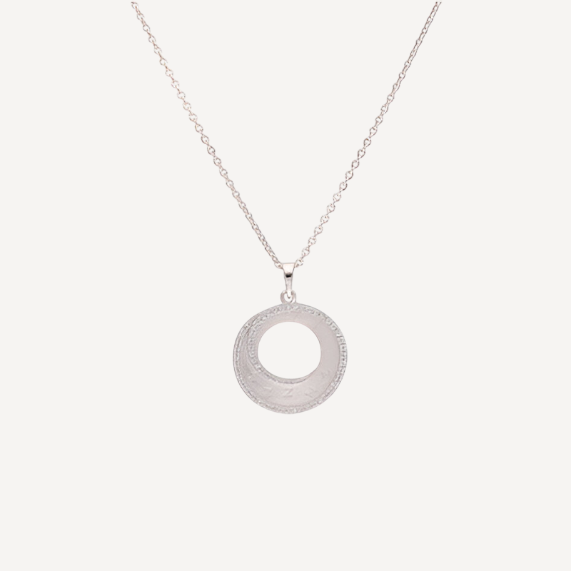 Polished Silver Circle Pendant Necklace with Hollow Disc and Textured Edging